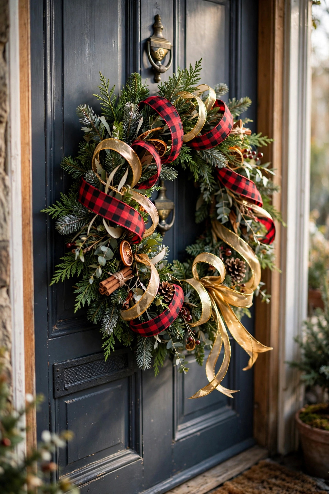 Red buffalo check and gold ribbon loop Christmas wreath