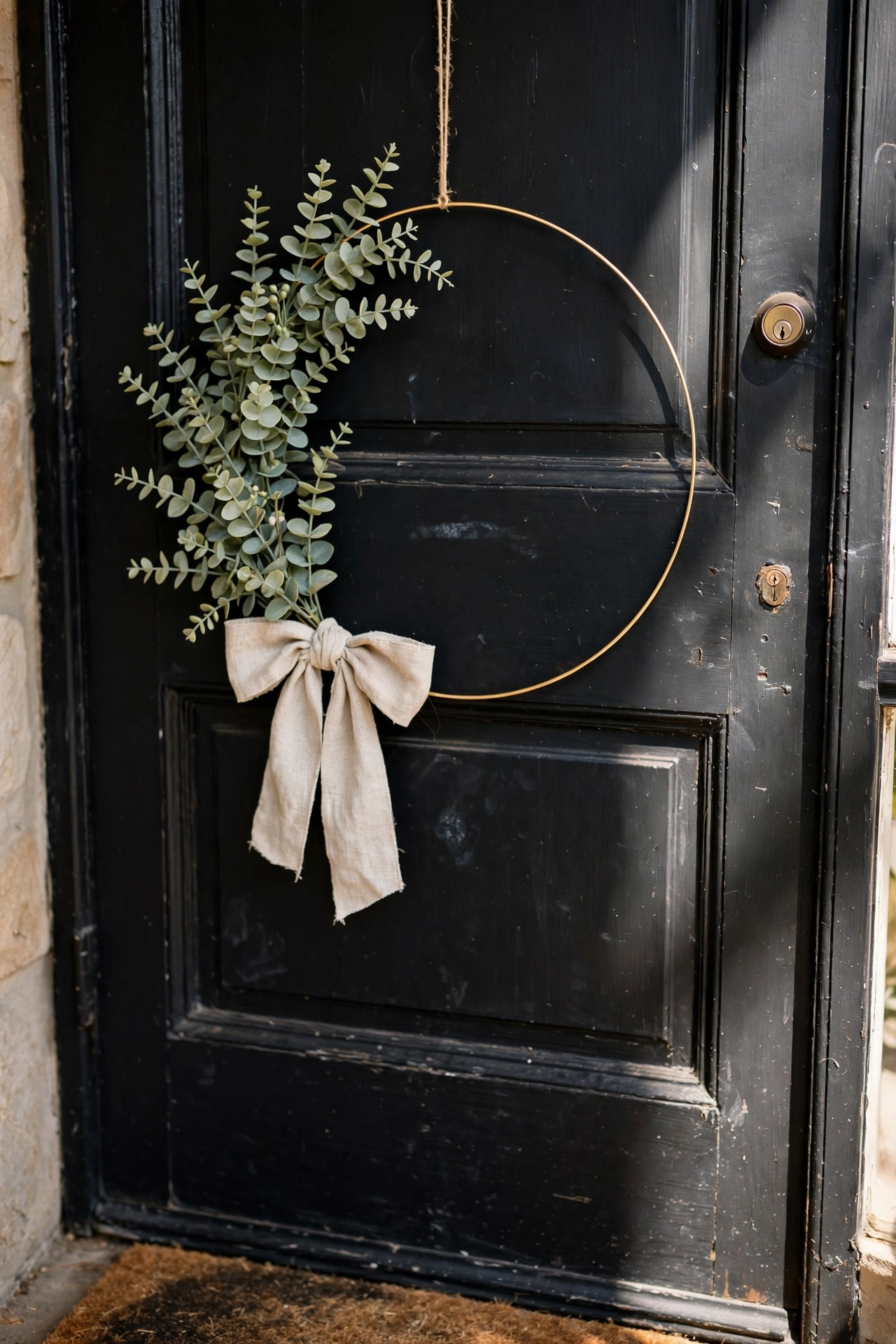 Minimalist gold hoop wreath with eucalyptus sprigs