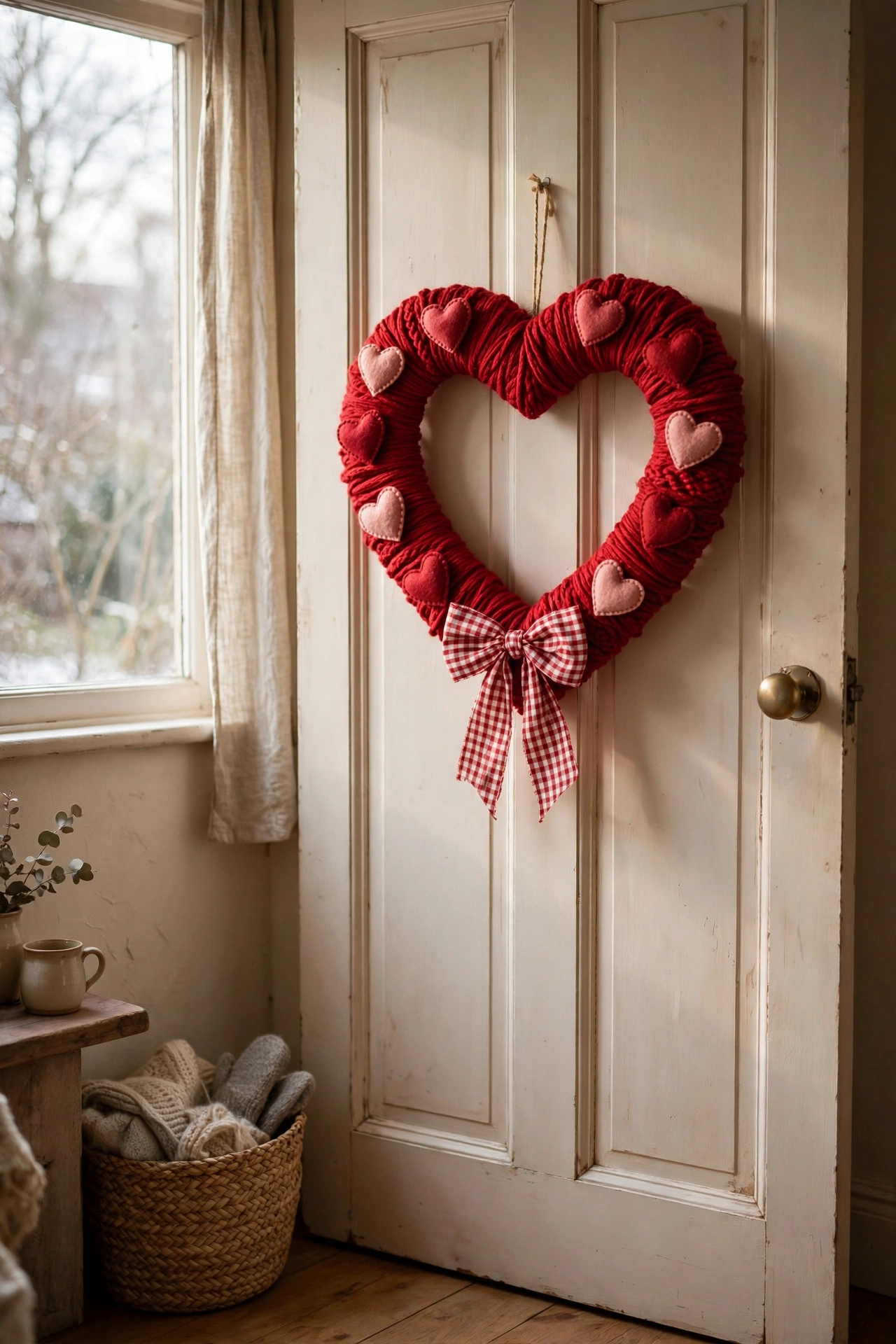Red yarn wrapped heart-shaped Valentine wreath