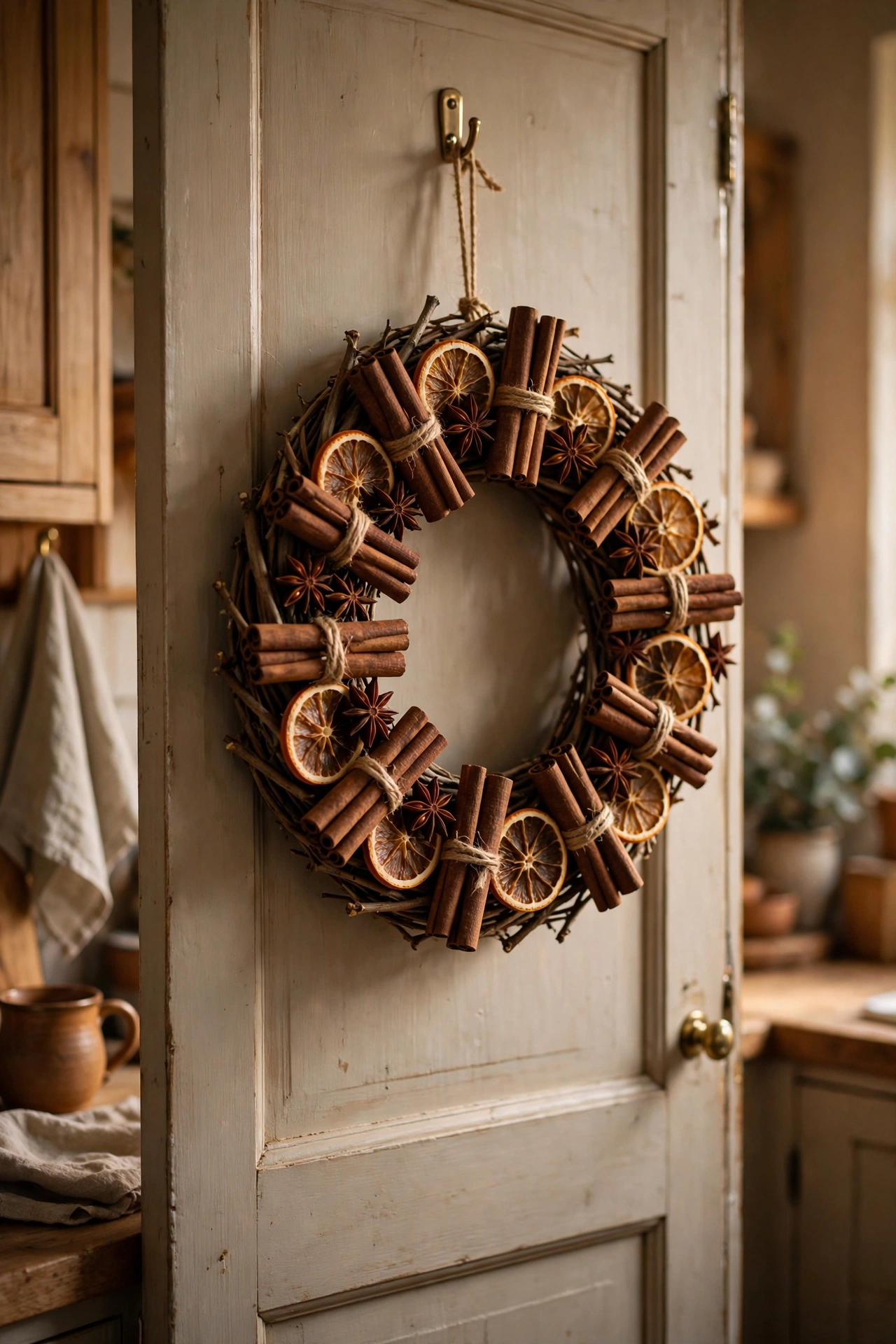 Cinnamon stick and star anise wreath on a kitchen door