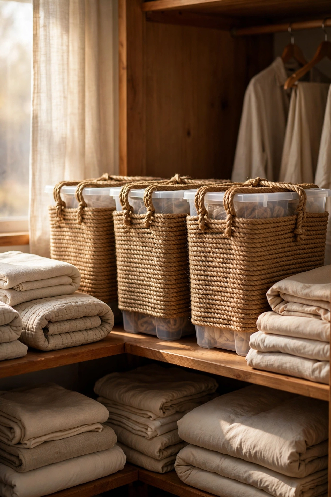 Rope-wrapped storage bins on a closet shelf