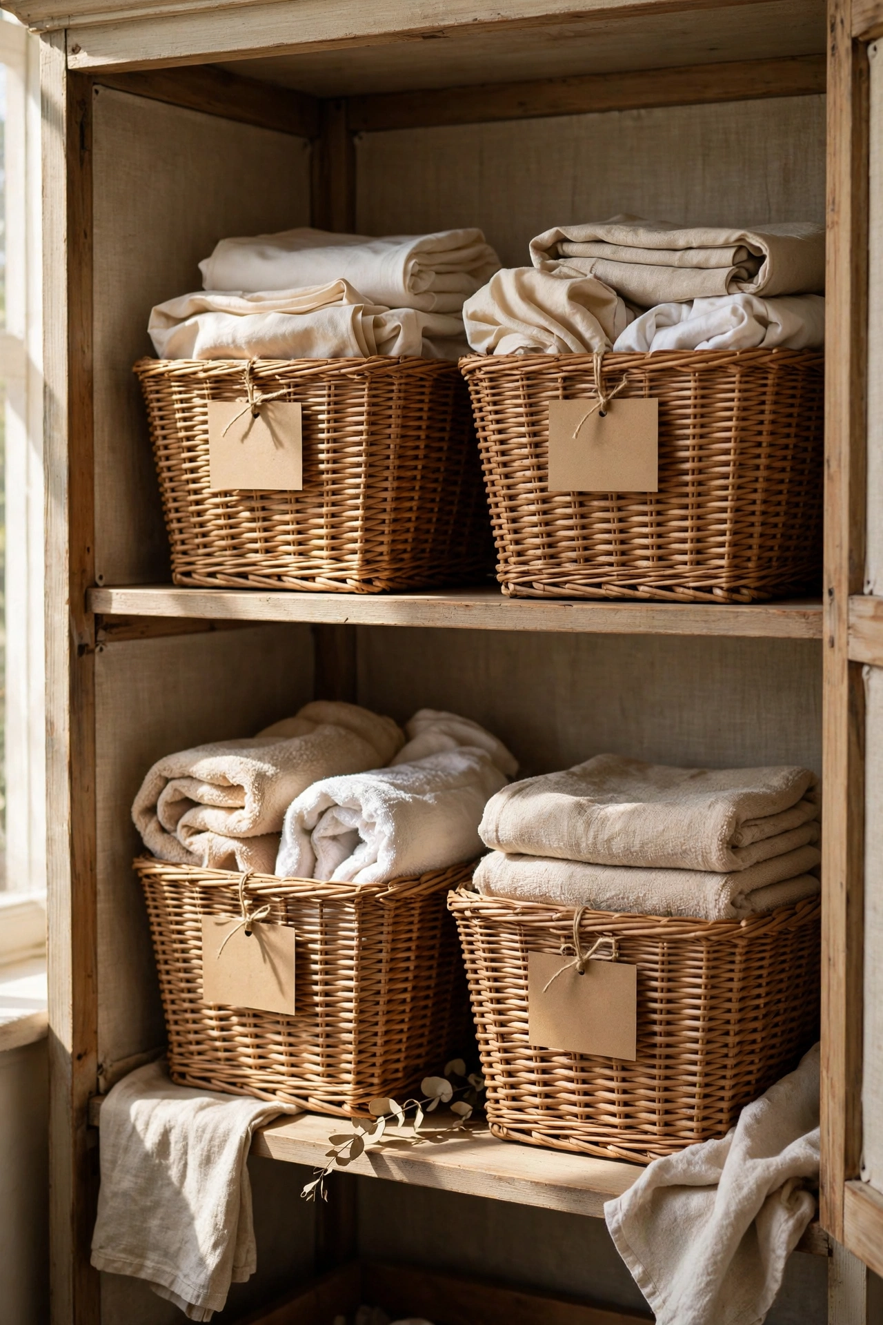 Matching labelled baskets on linen shelves