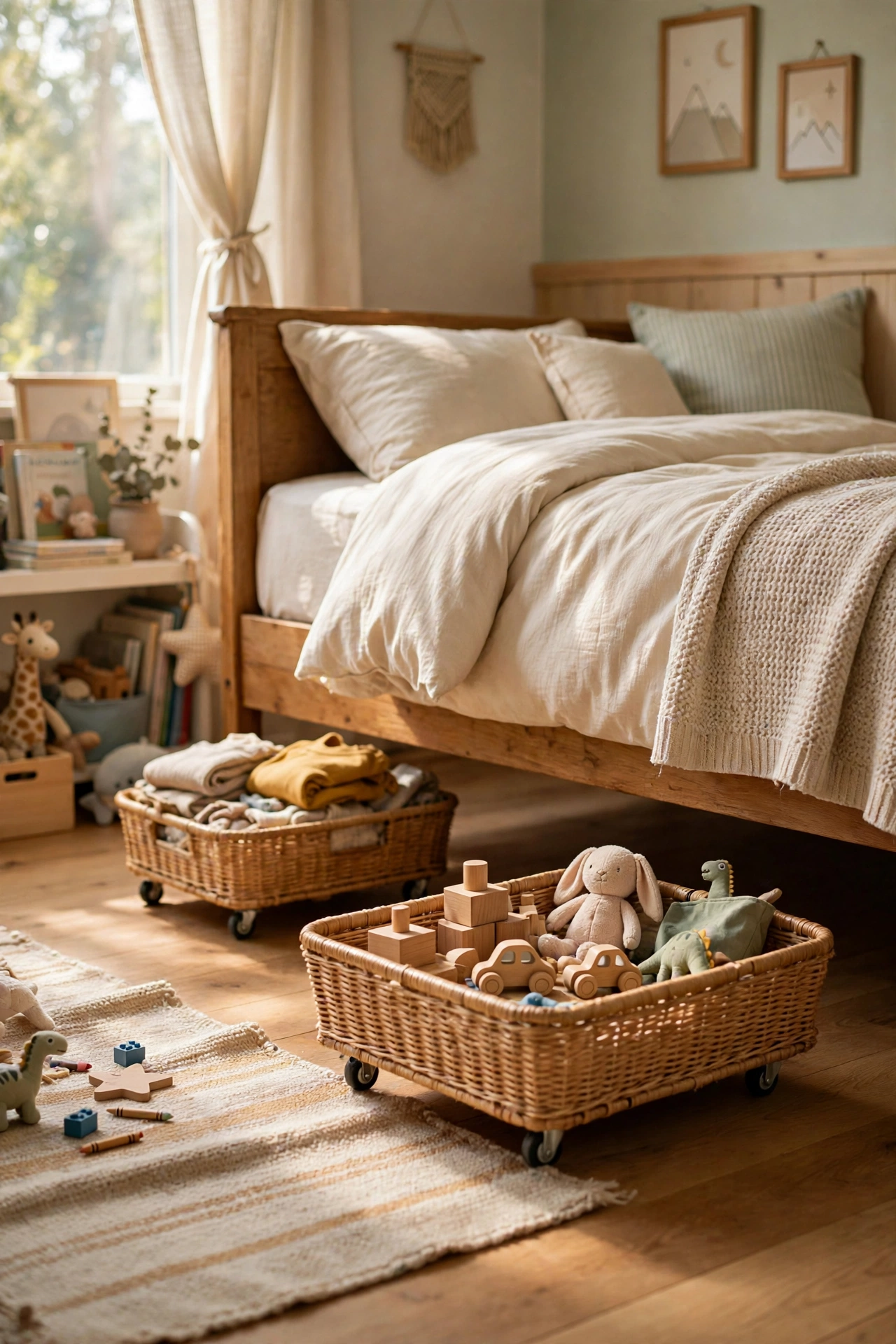 Low baskets on wheels sliding under a bed