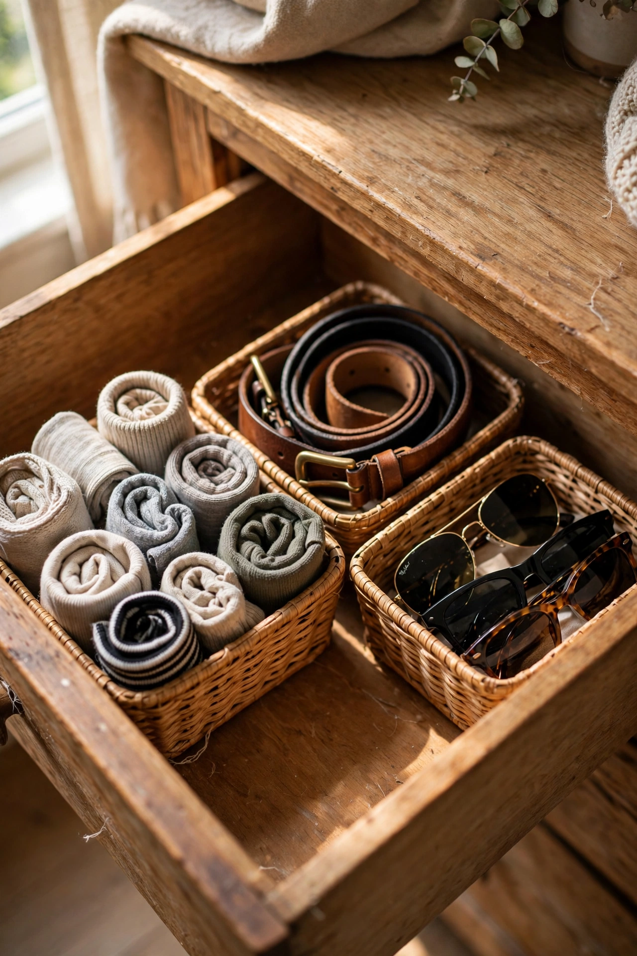Small baskets organising socks and accessories in a drawer