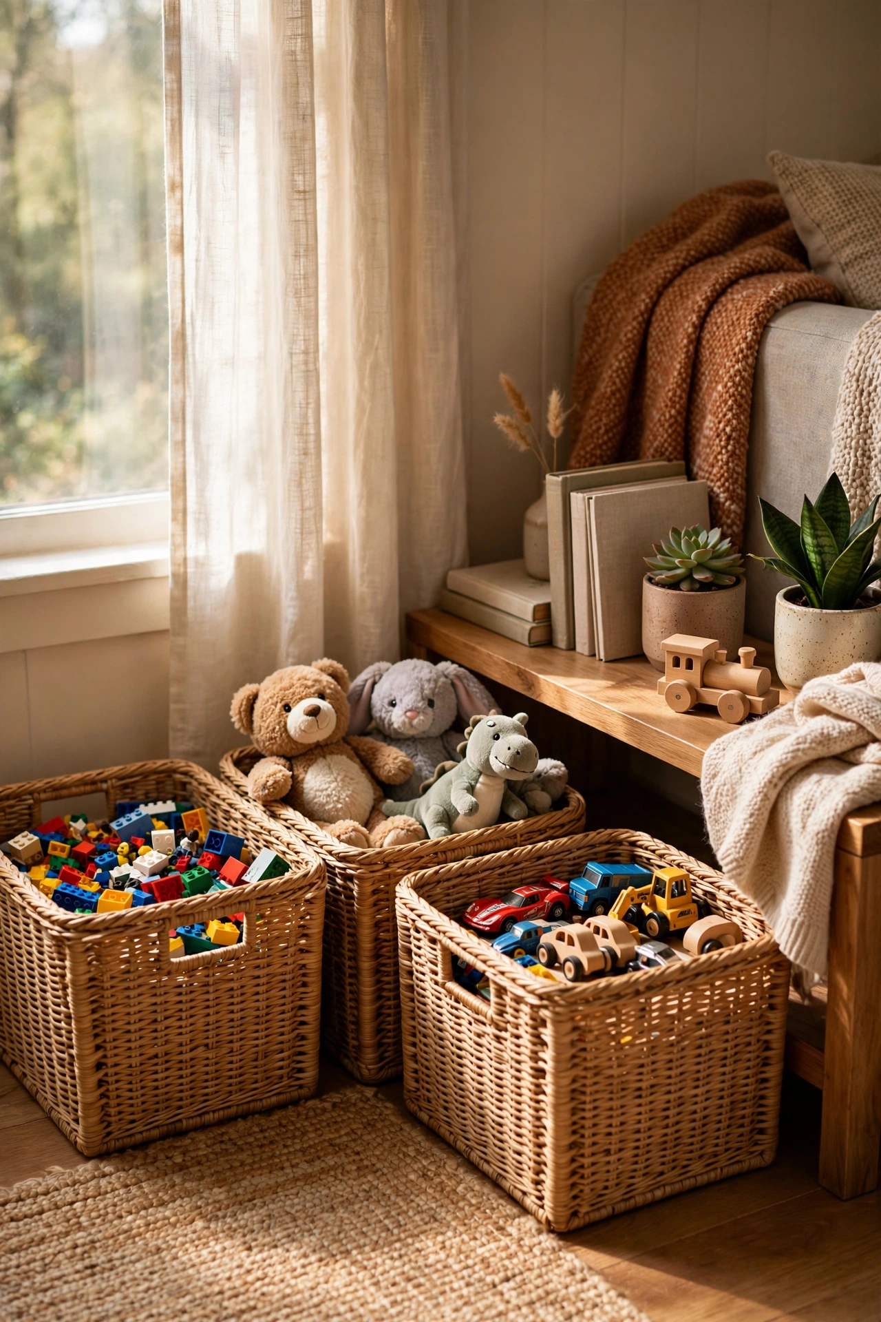 Labelled toy rotation bins in a living room corner