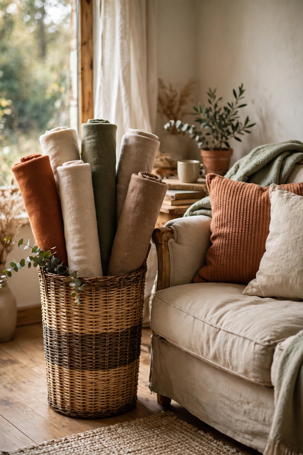 Tall basket of rolled blankets beside a sofa