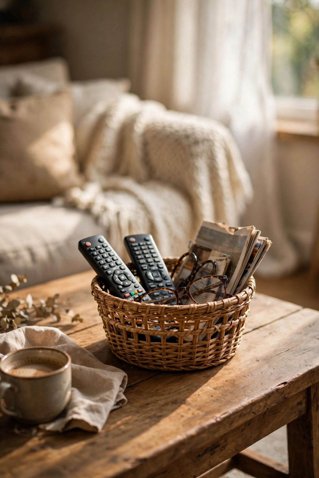 Small basket corralling remotes and magazines on a coffee table
