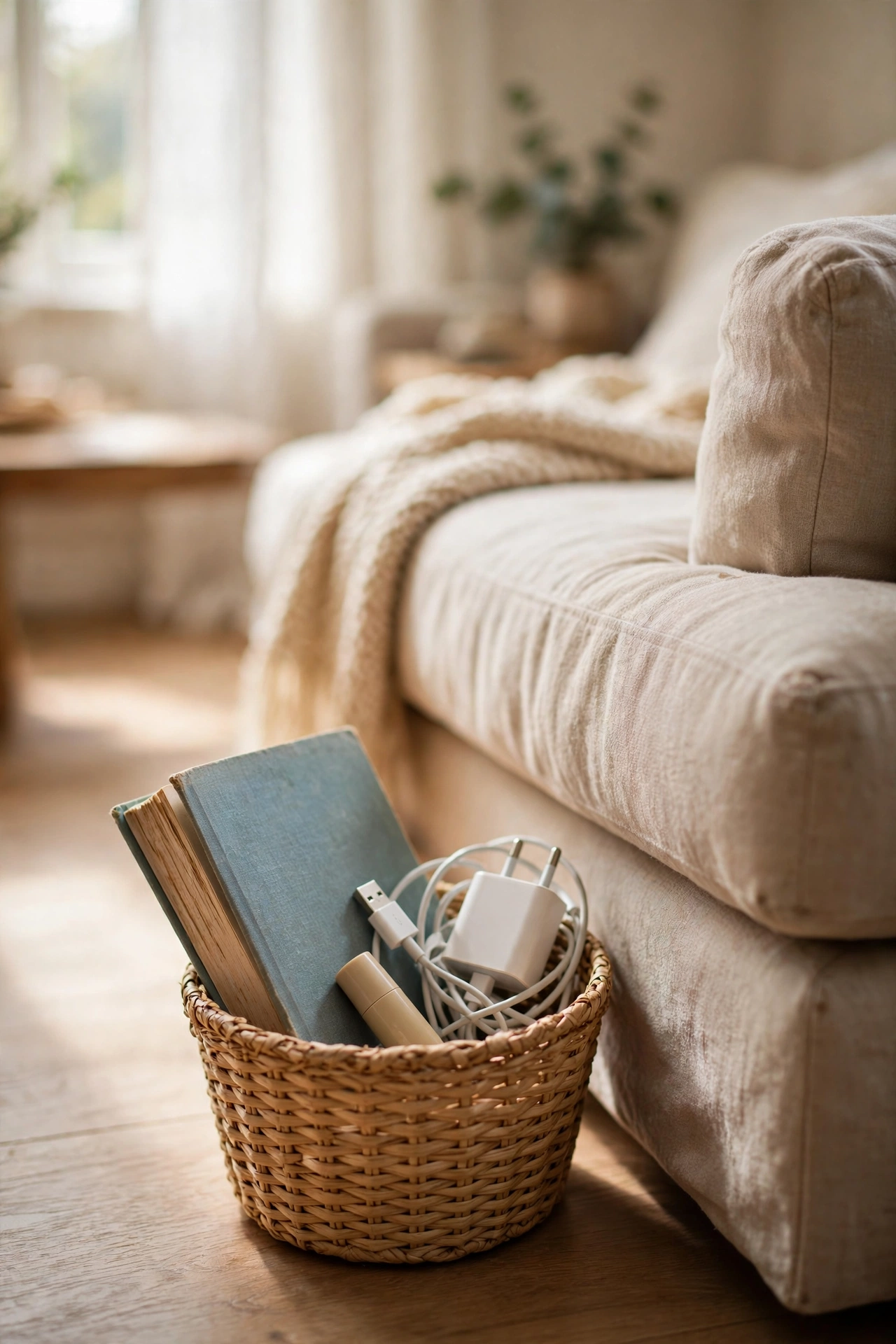 Small clutter-catch baskets at each end of a sofa