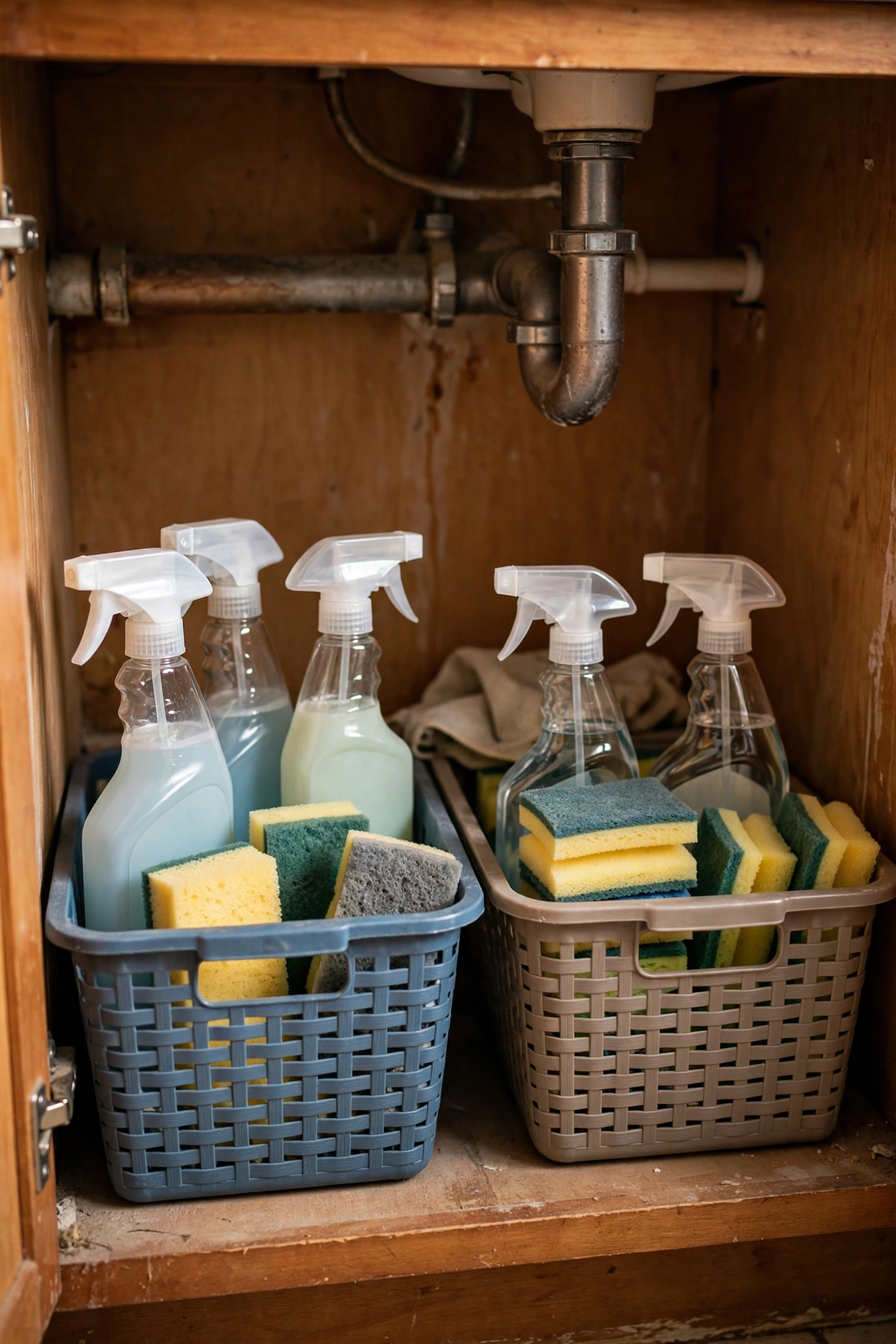 Plastic baskets corralling cleaning bottles under a bathroom sink