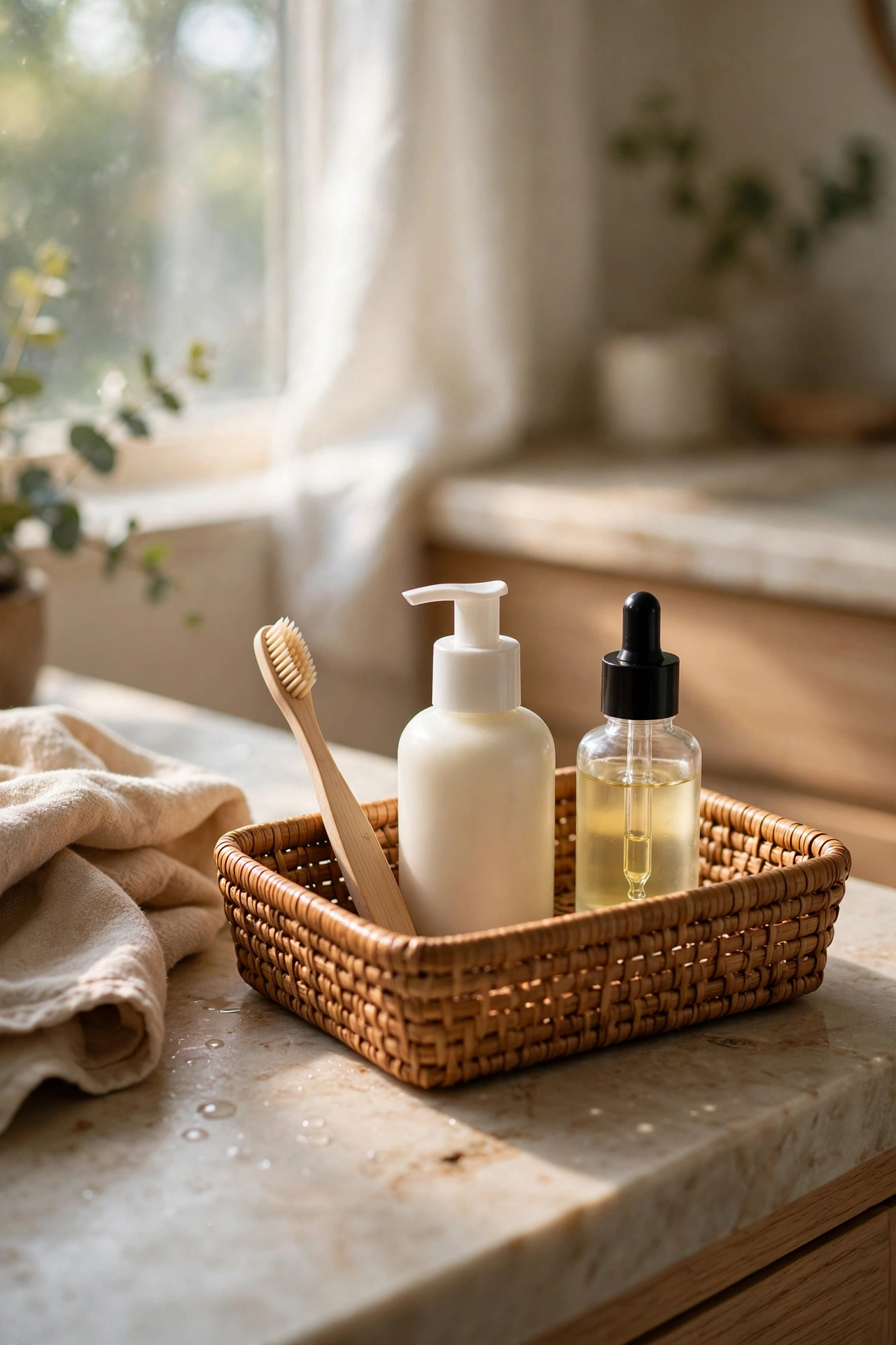 Low tray basket of daily toiletries on a bathroom counter