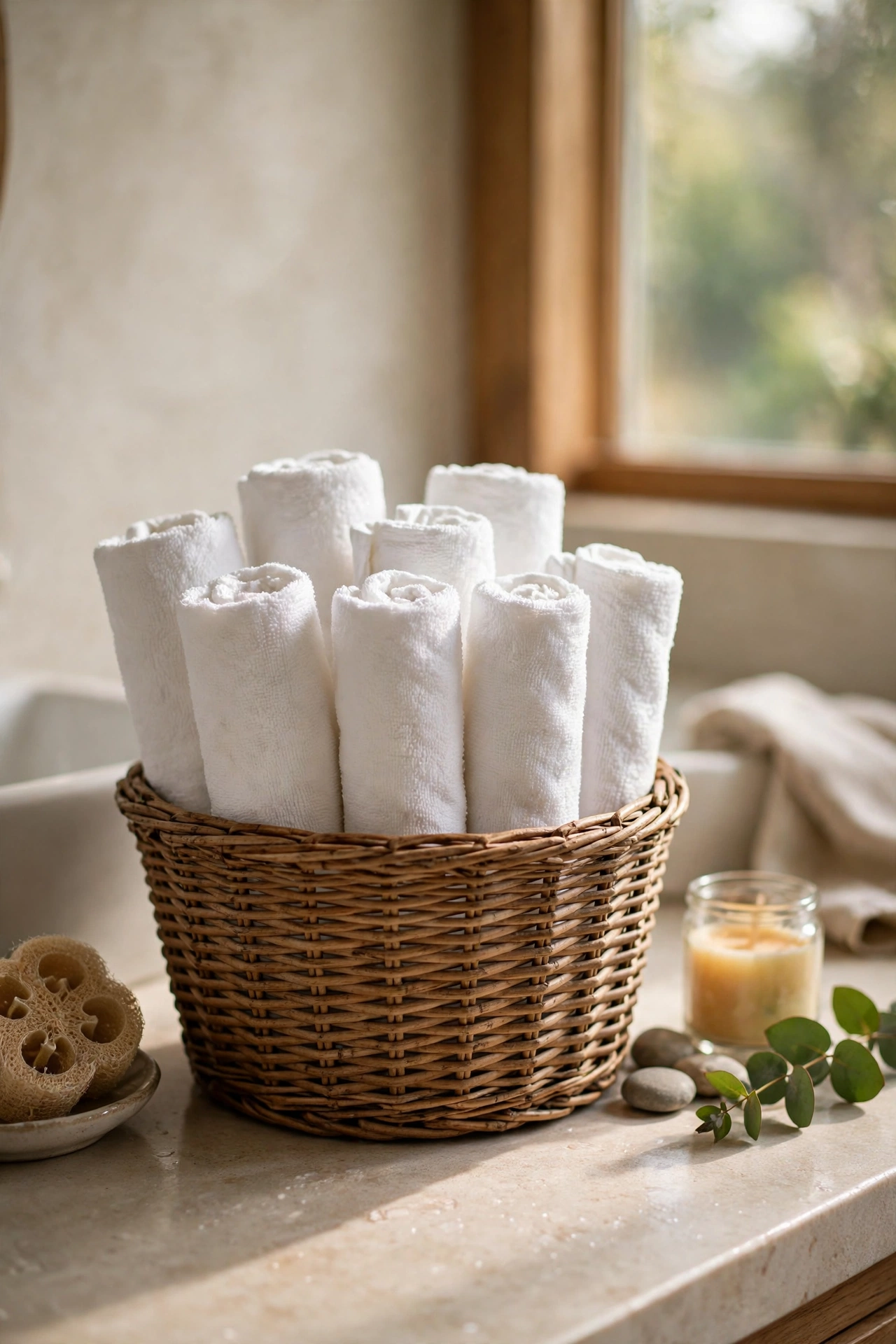 Rolled hand towels standing in a basket on a bathroom counter