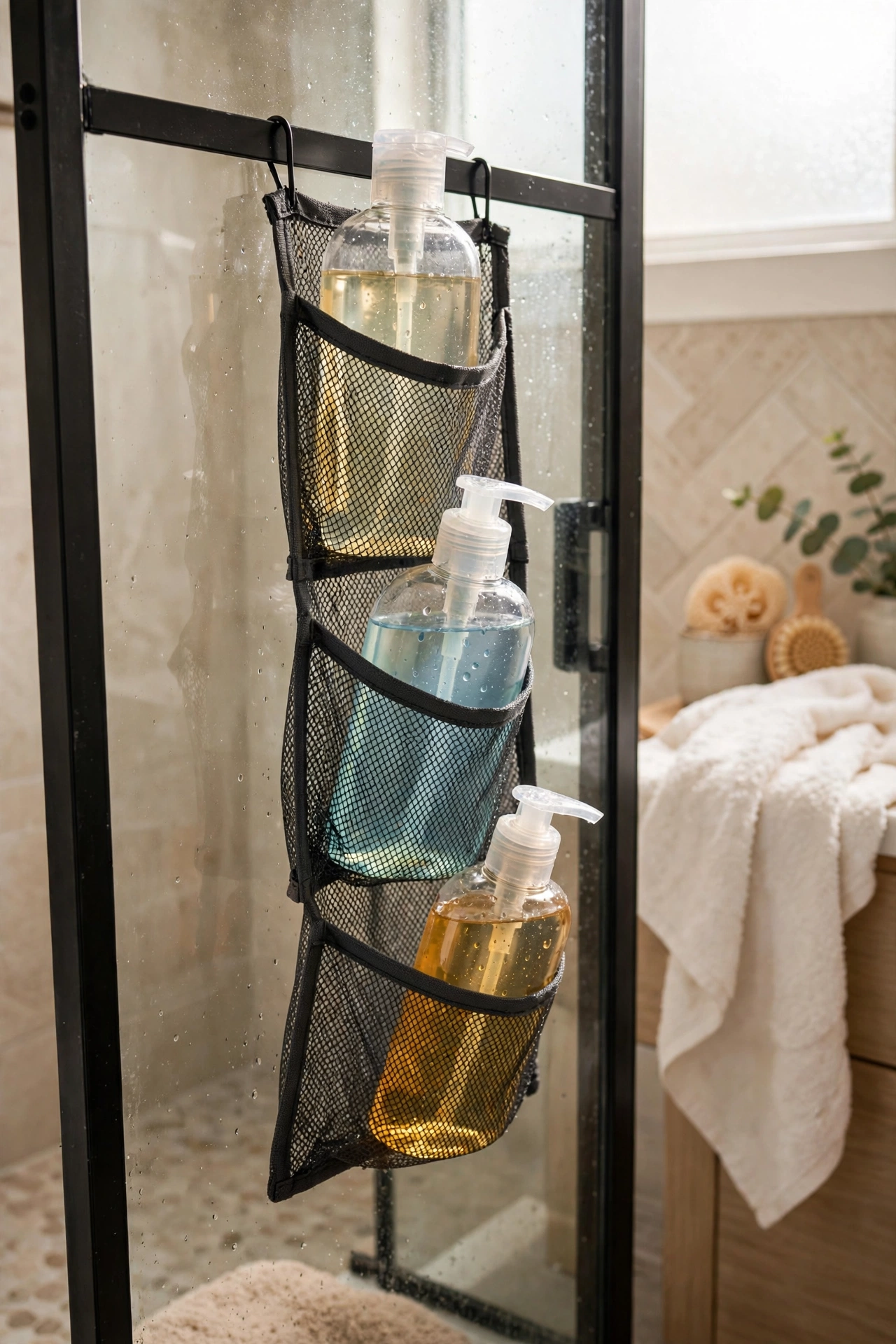 Mesh pocket organiser hanging on a shower door with bottles