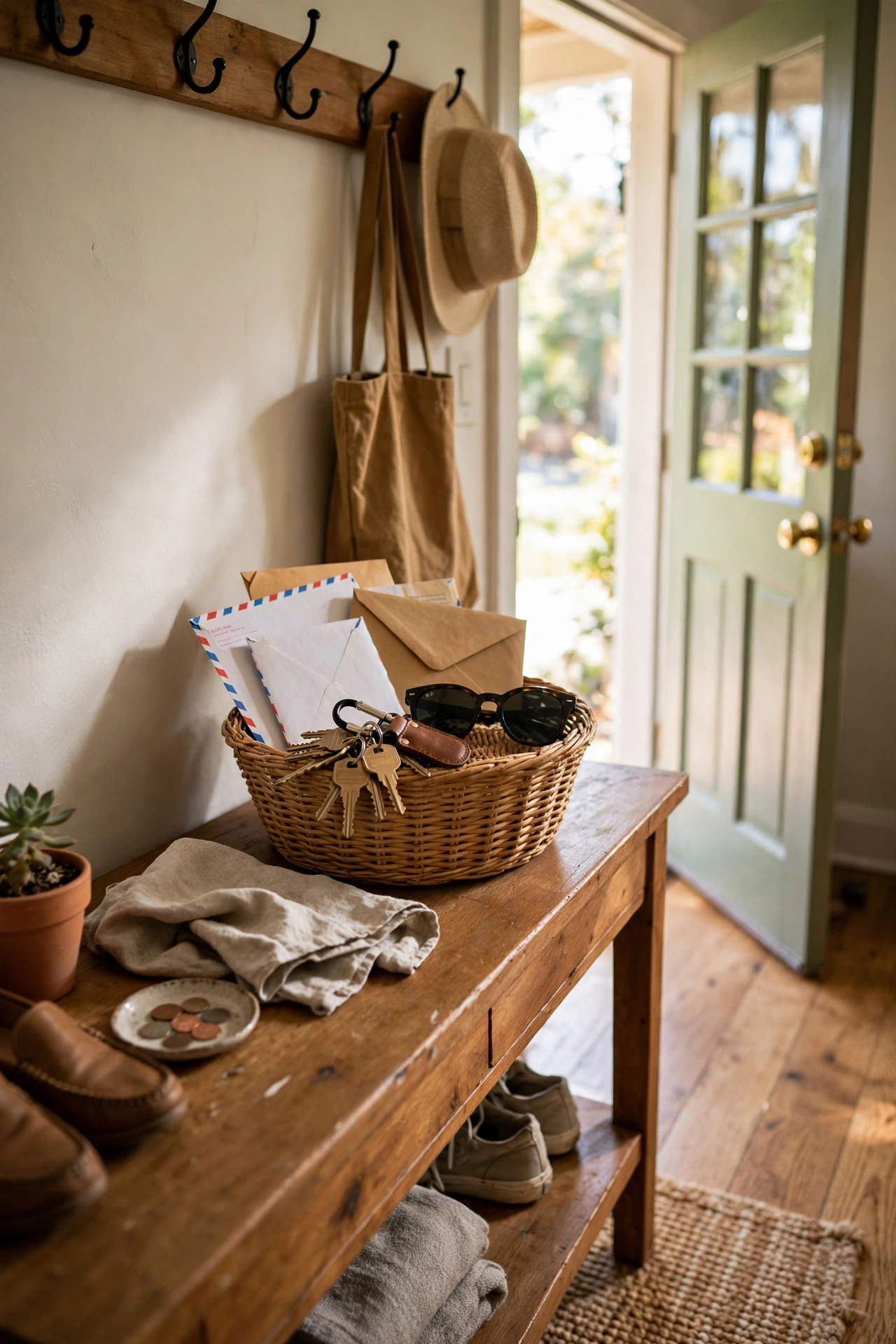 Catch-all basket for keys and mail on an entryway console