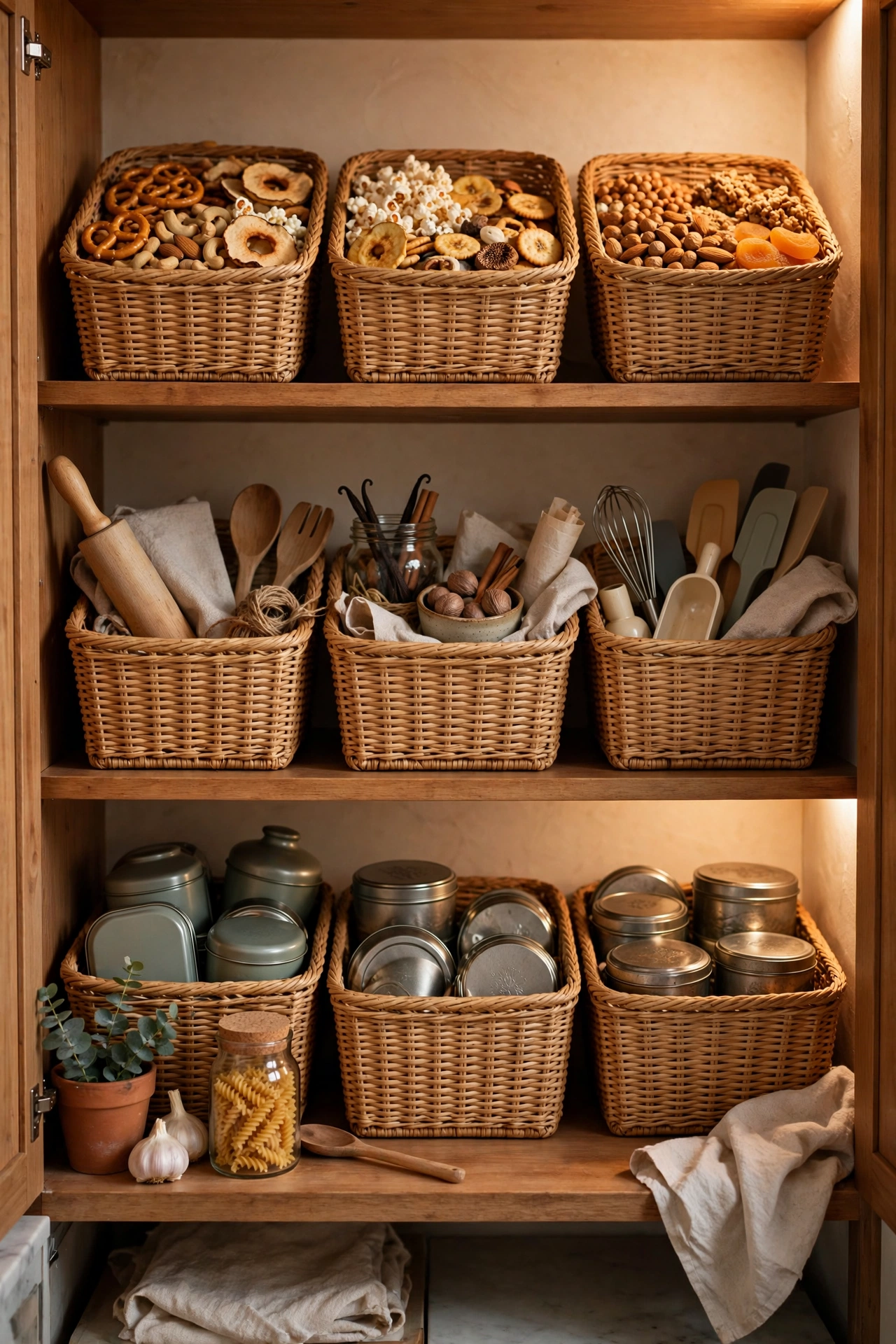 Matching pantry zone baskets on kitchen shelves