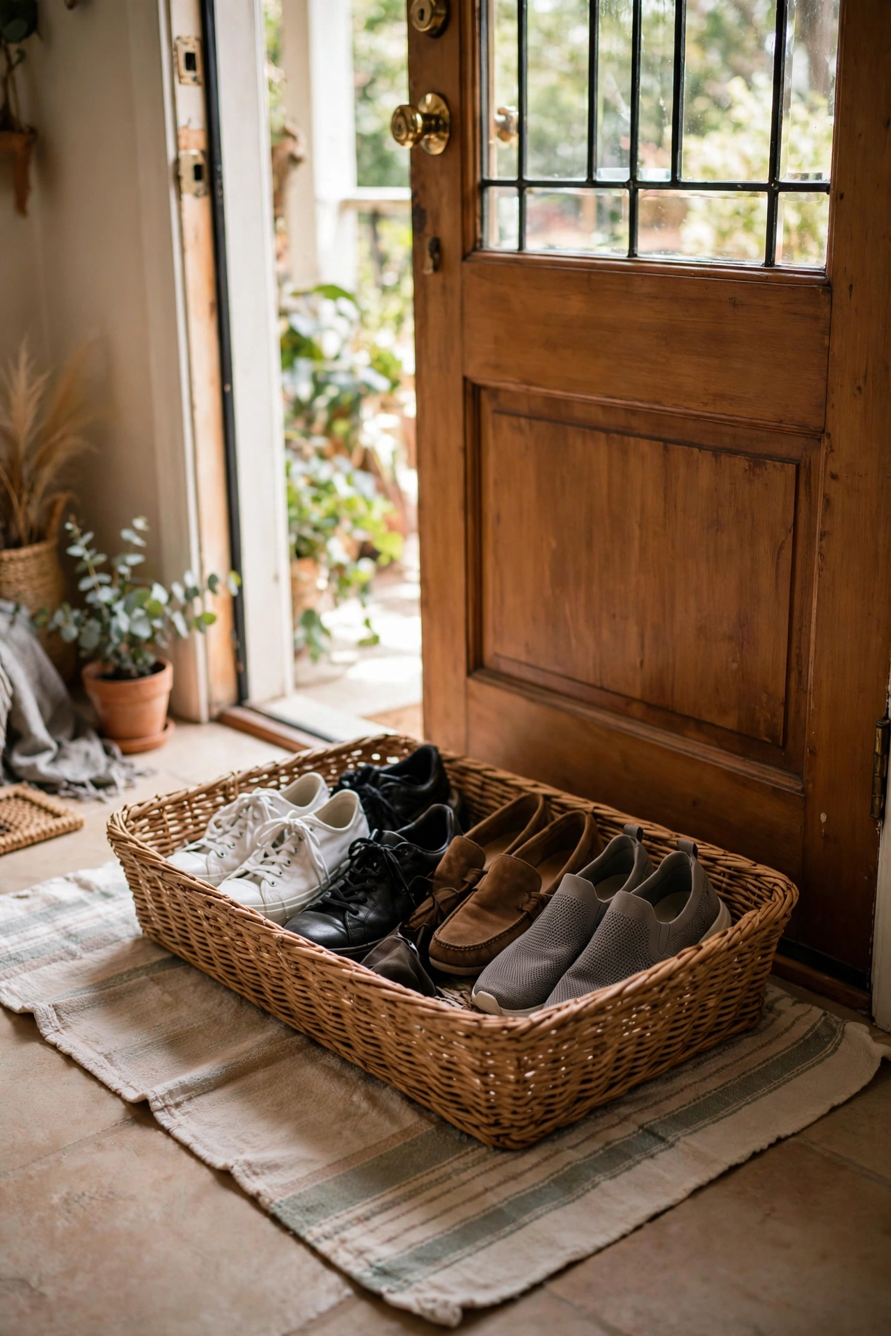 Wide low basket corralling shoes by the front door