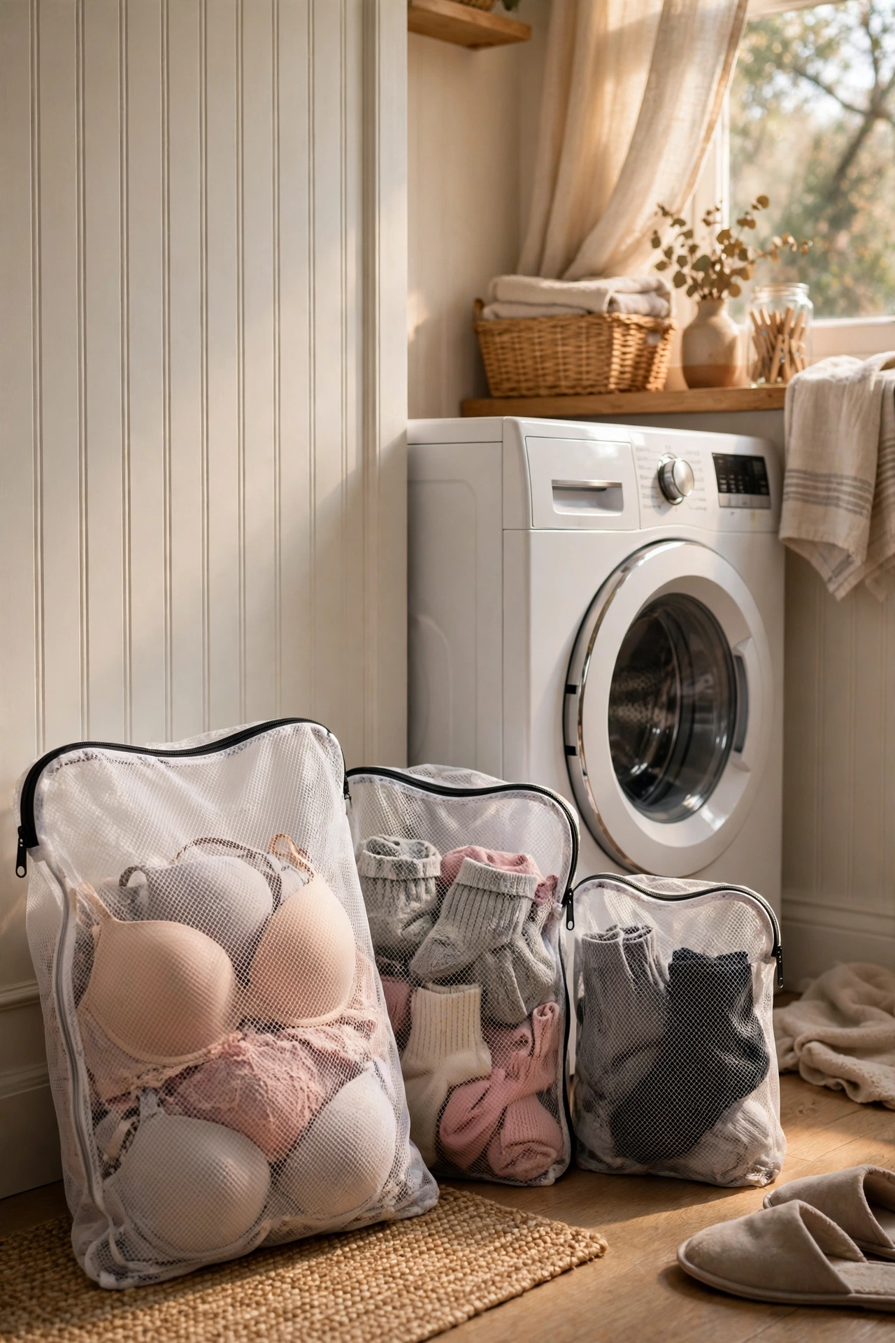 Mesh wash bags holding delicates beside a washing machine