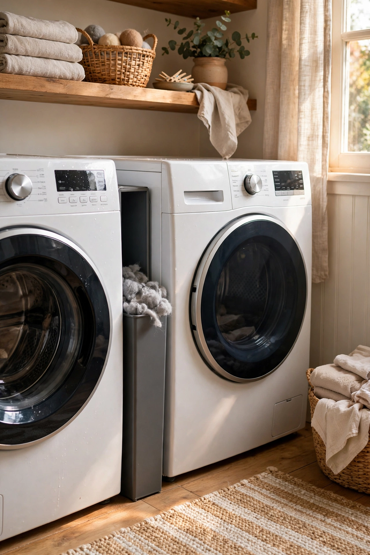Slim lint bin wedged between washer and dryer