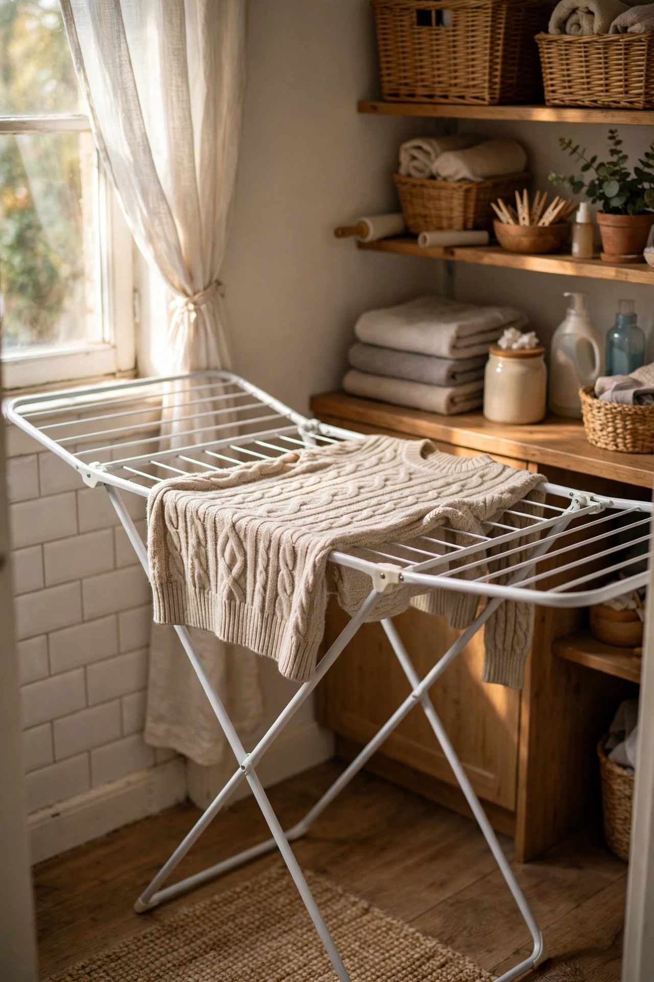 Collapsible winged clothes drying rack in a laundry room