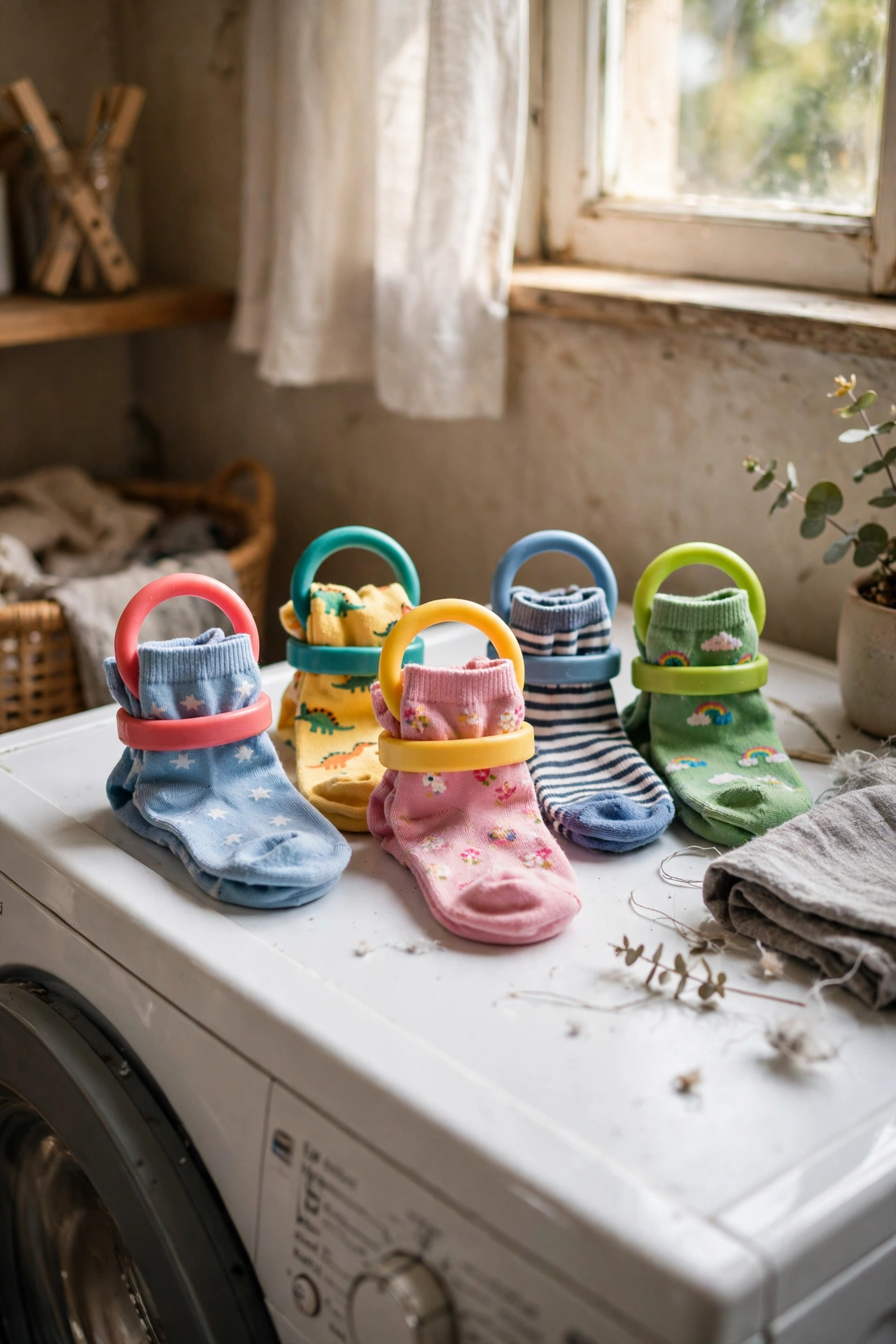Colourful sock clips holding paired socks
