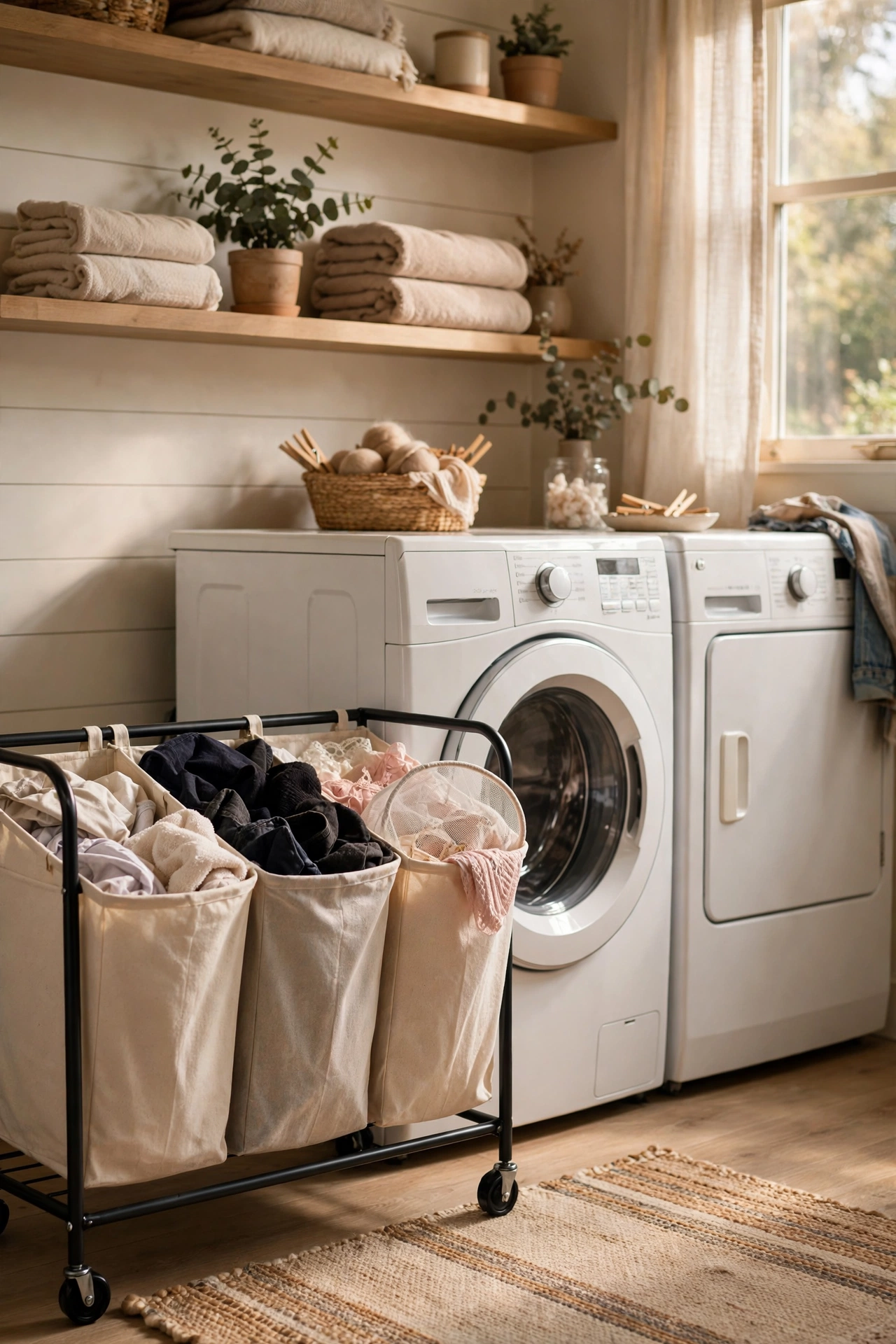 Three-bag rolling laundry sorter beside washing machines