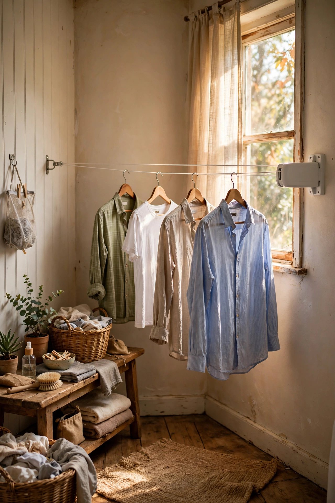 Retractable clothesline pulled across a laundry room
