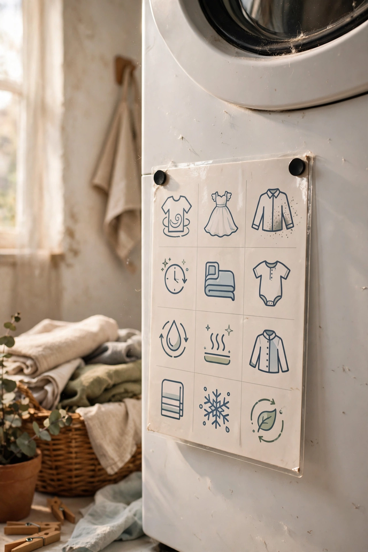 Magnetic laundry settings chart on a washing machine