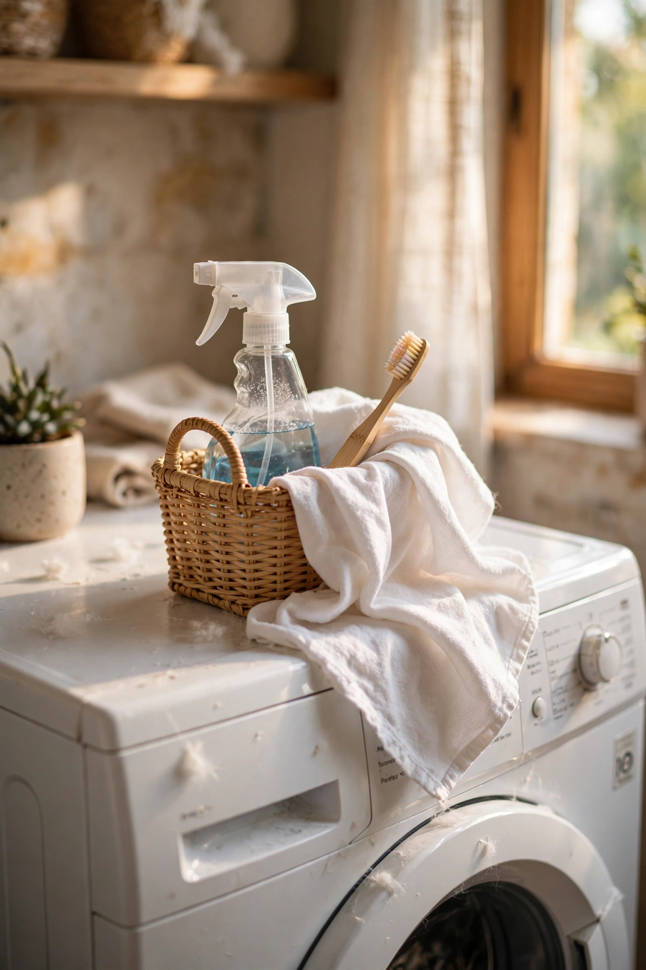 Stain treatment caddy on top of a washing machine