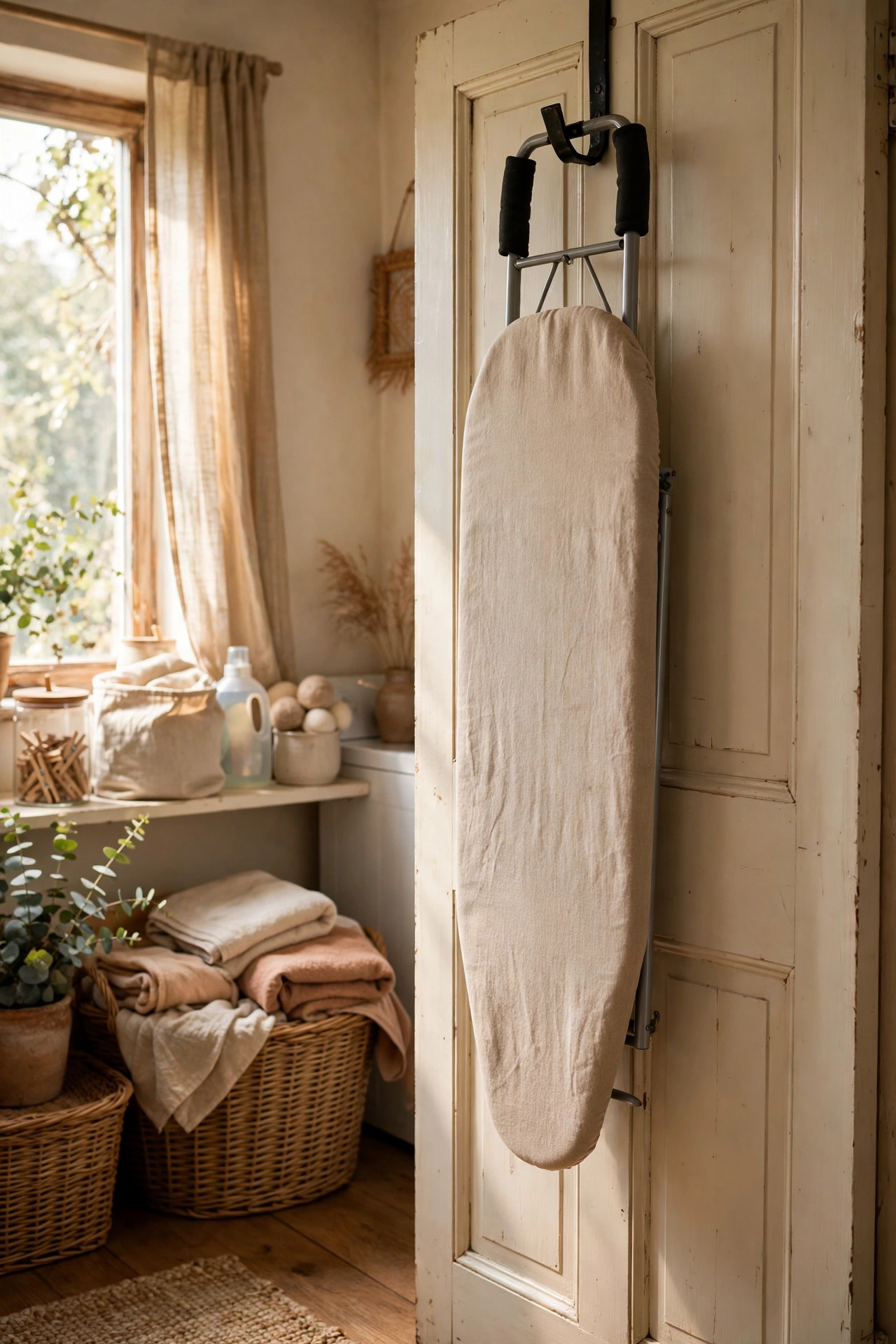 Ironing board hung on an over-door hook