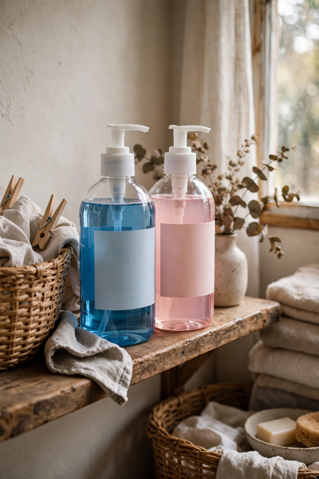 Labelled pump dispenser bottles of laundry detergent