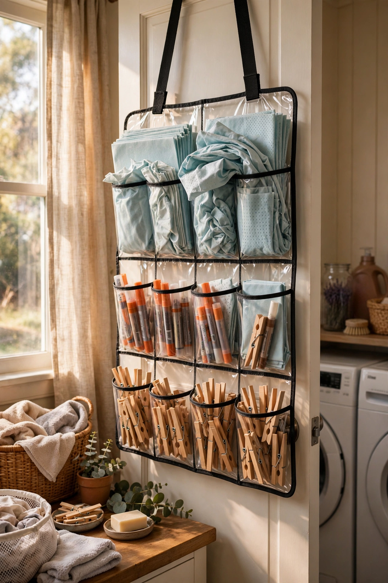 Over-door shoe organiser storing laundry supplies