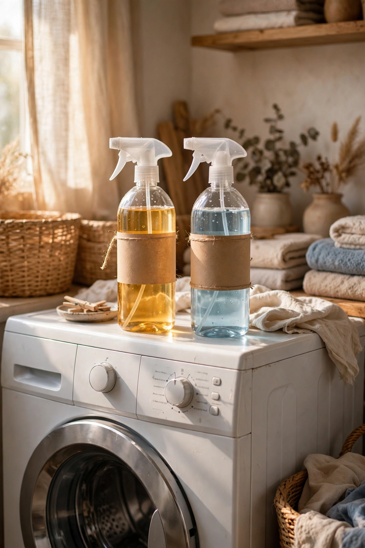 Labelled refillable spray bottles of homemade laundry solutions