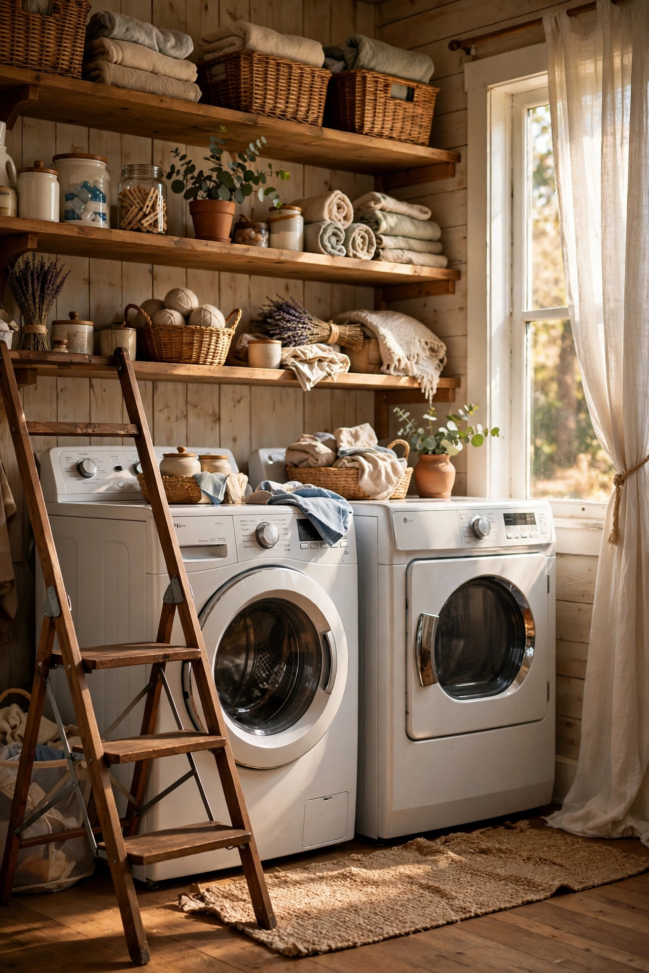 Folding step stool beside a washing machine