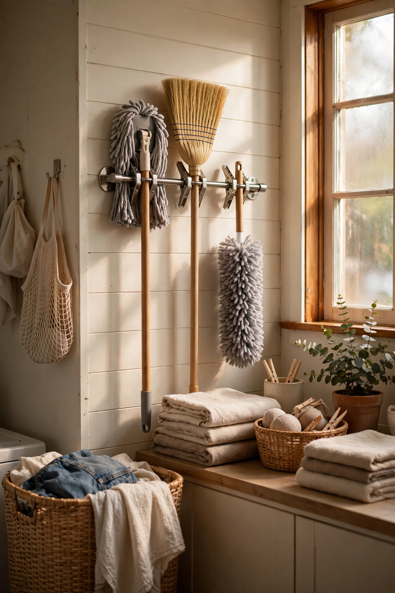 Wall-mounted grip holder holding mops and brooms
