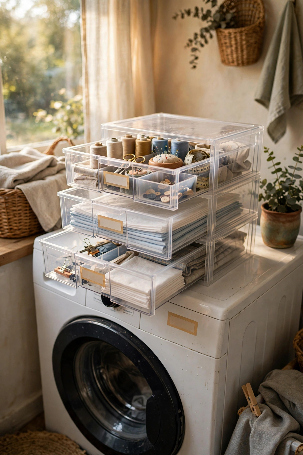 Stackable drawers organising small laundry supplies