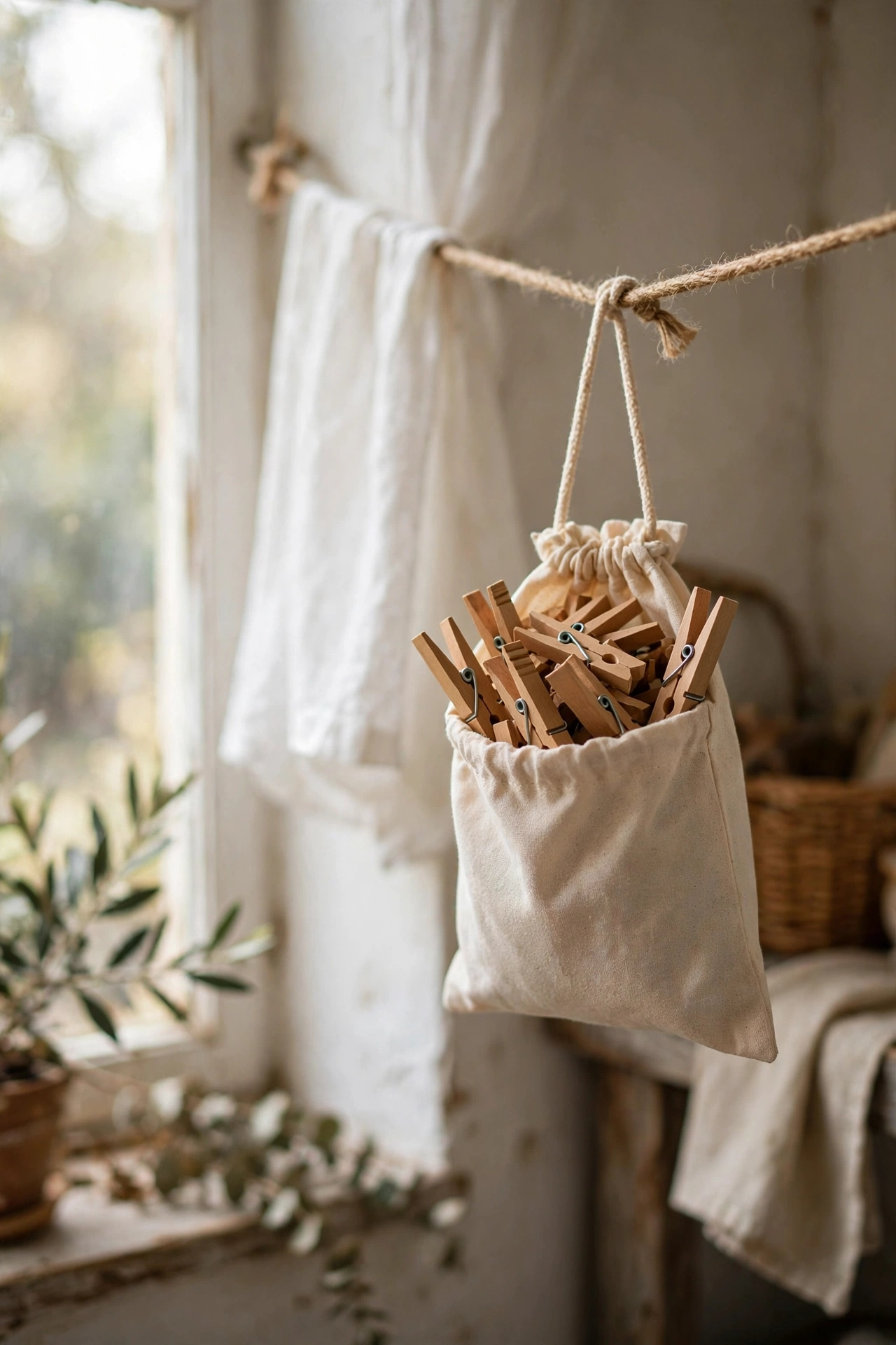 Drawstring bag of wooden clothespins on a clothesline