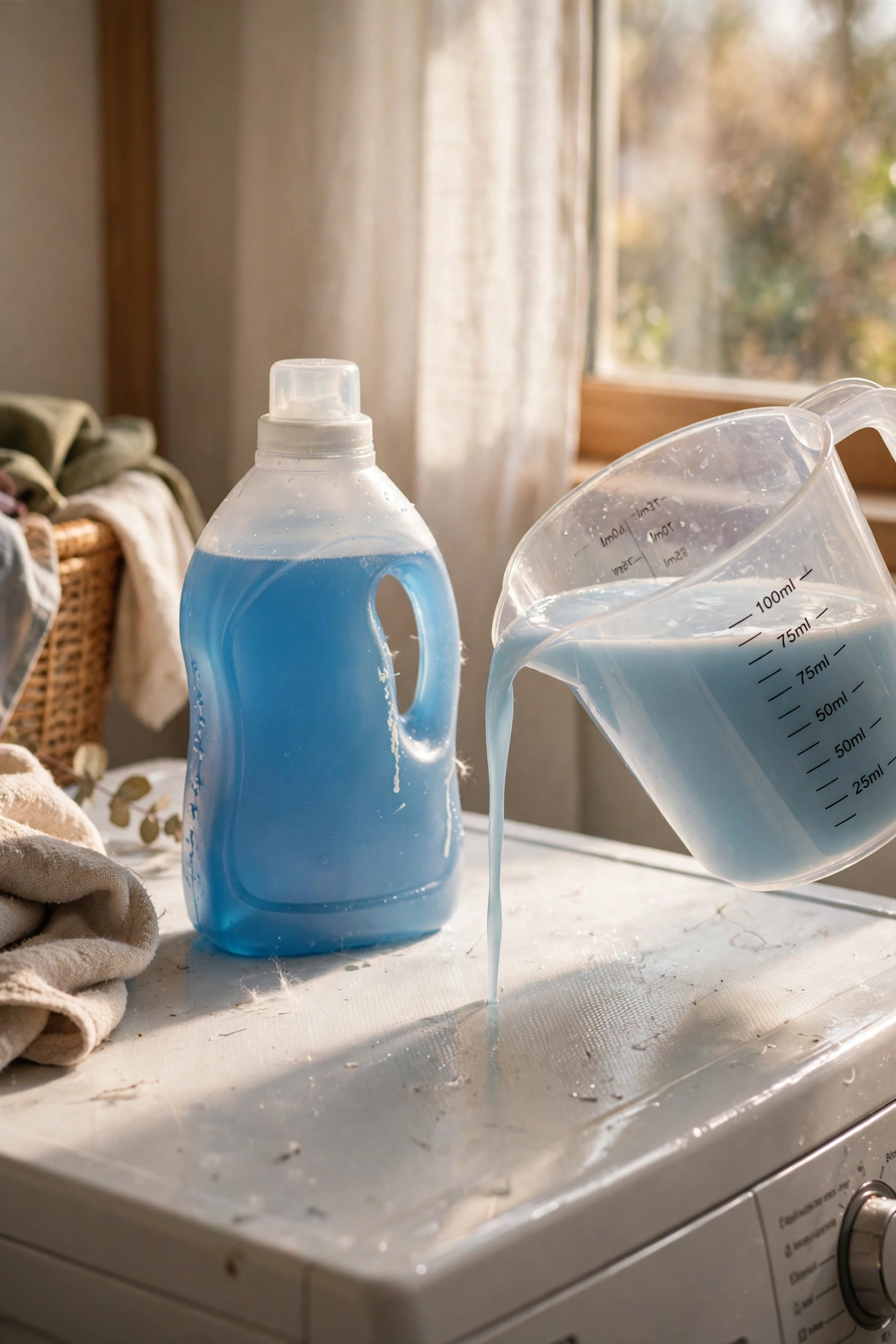 Marked measuring cup with liquid laundry detergent