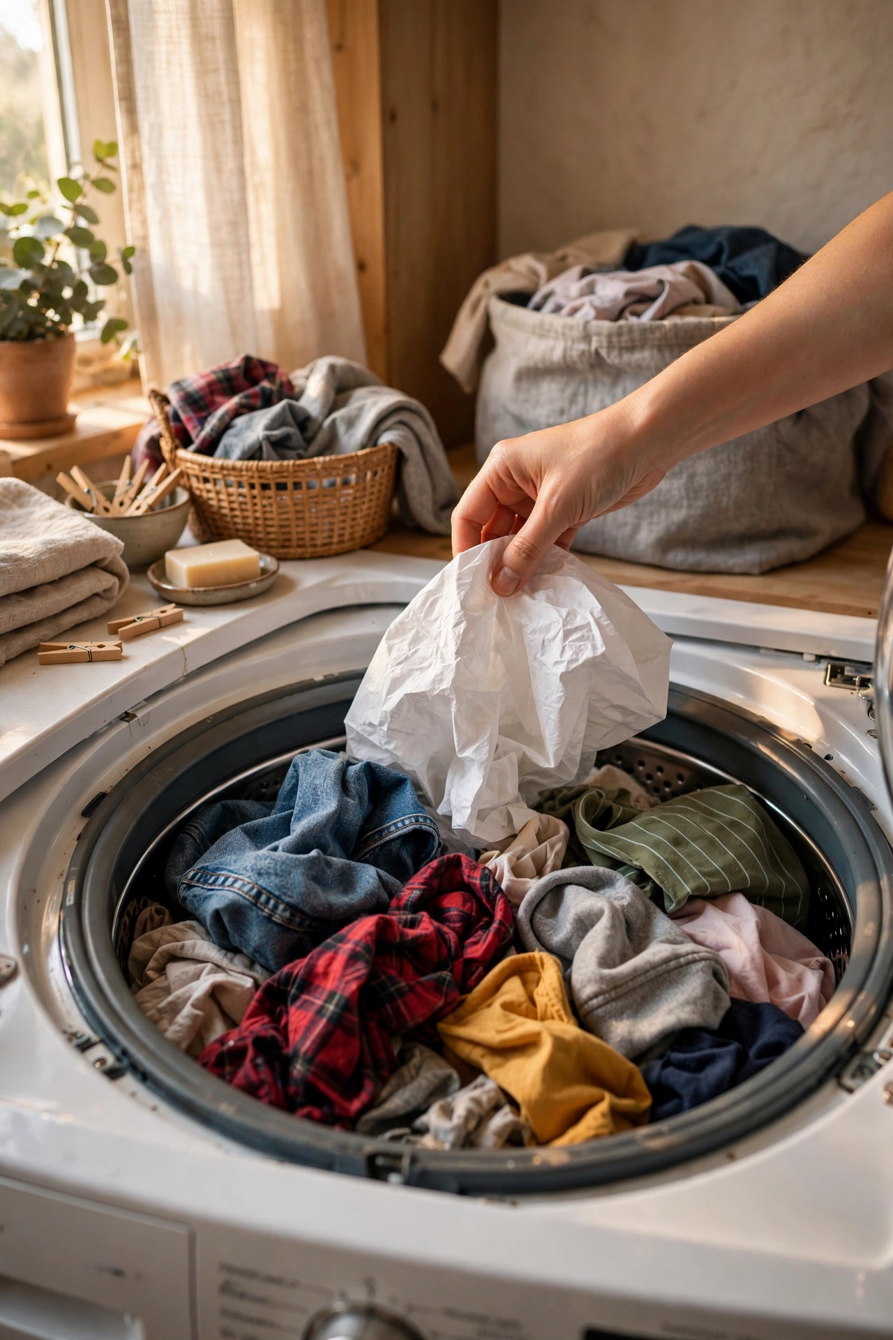 Colour-catcher sheet going into a washing machine