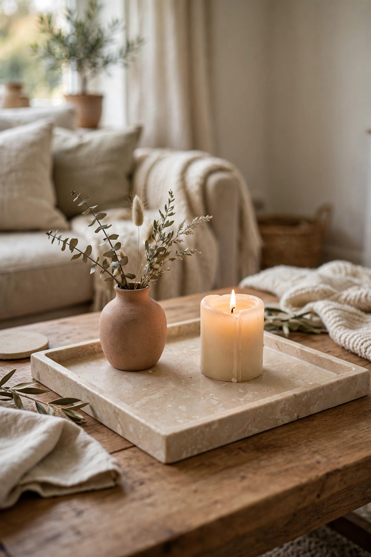Travertine-look beige stone tray styled with a candle and small vase on a coffee table