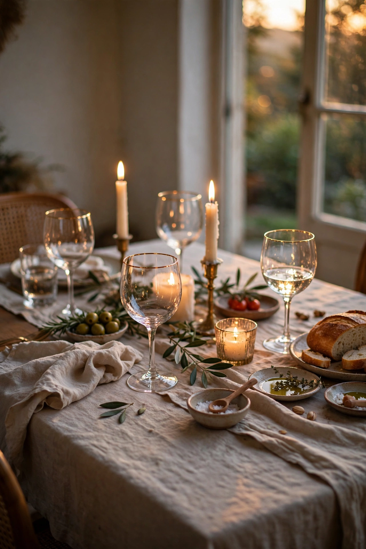 Gold-rimmed wine glasses set on a styled dining table