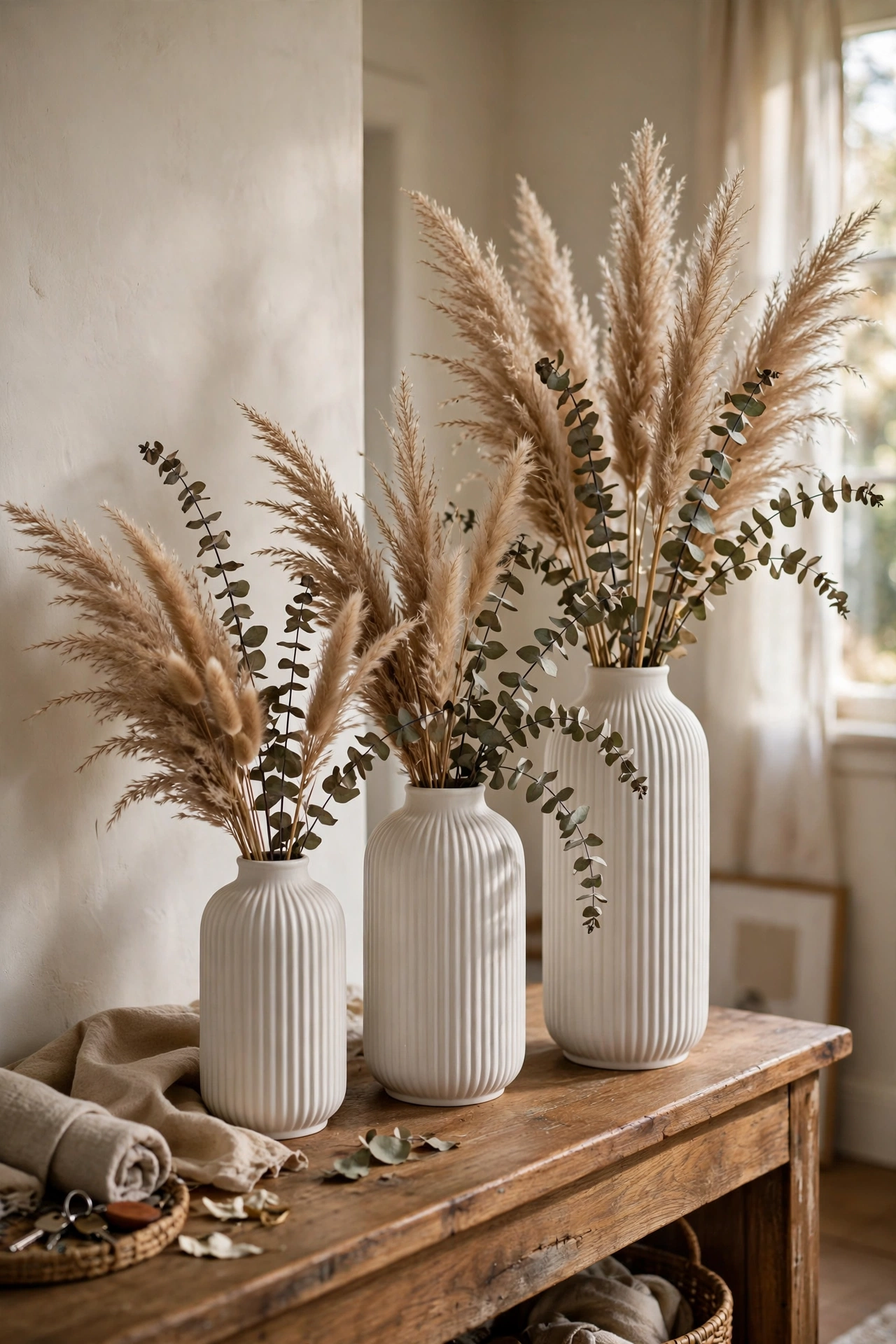 Trio of ribbed matte white ceramic vases with dried stems on a hallway console