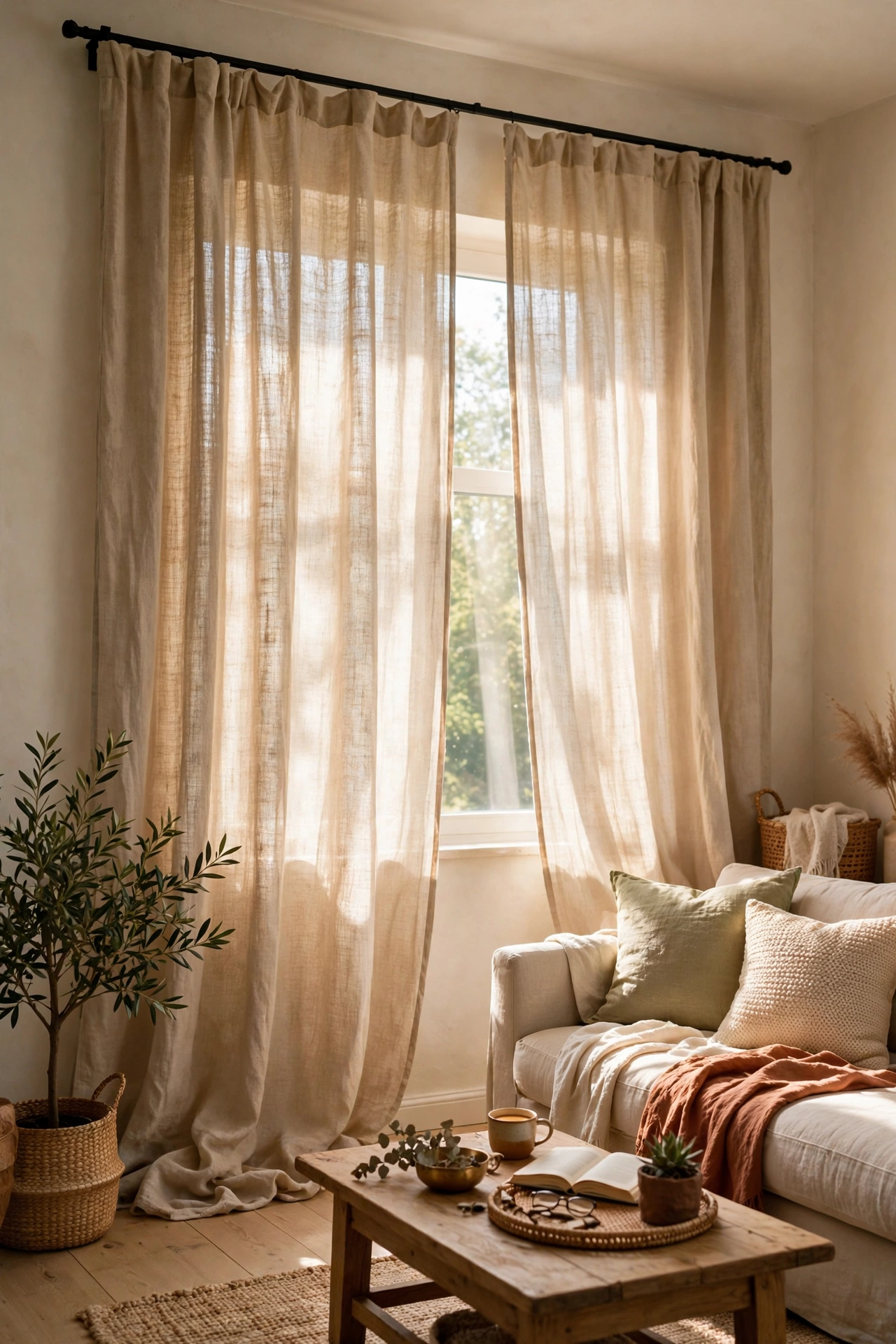 Linen-look curtains hung high and wide in a bright living room
