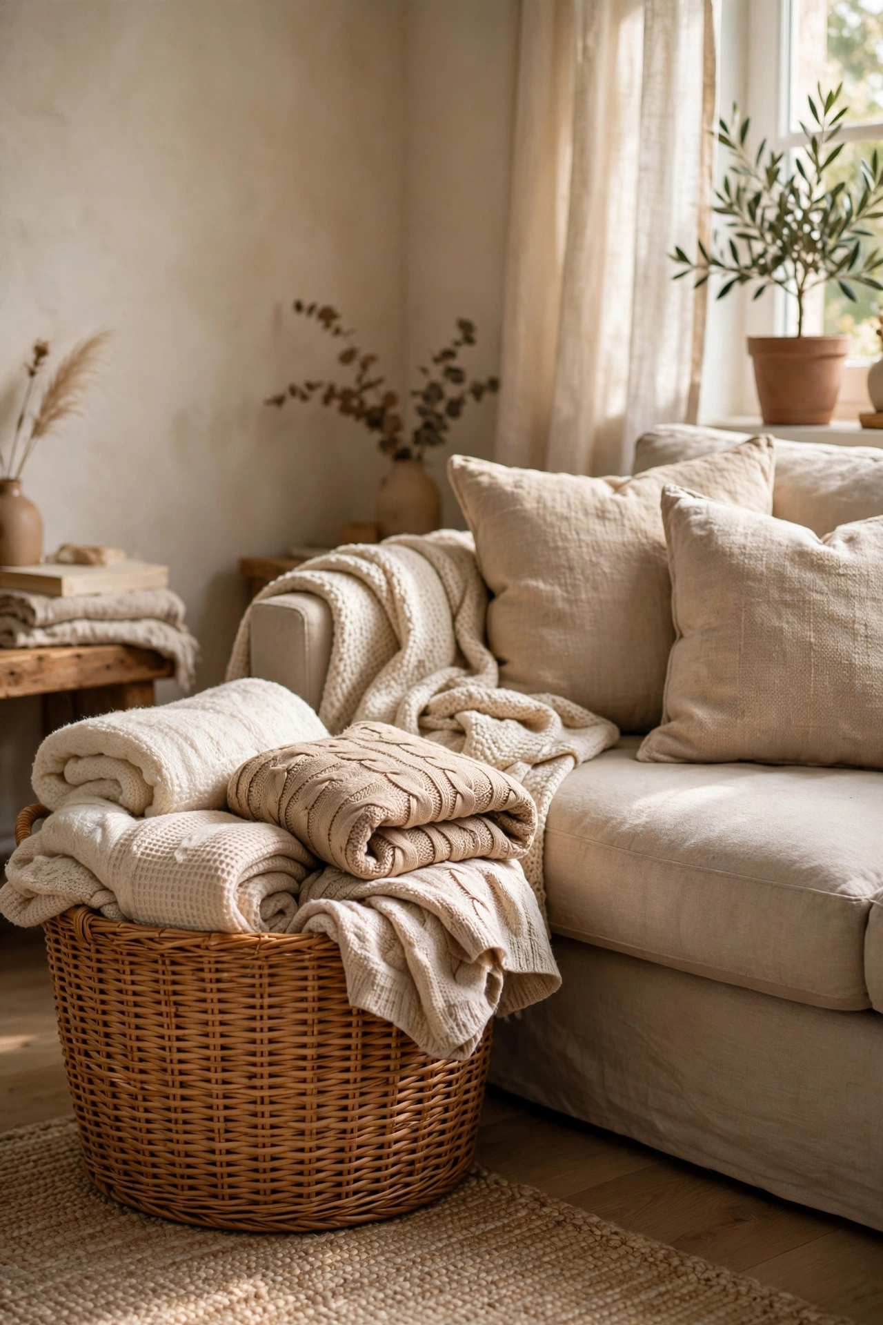 Honey-toned rattan-look woven basket holding folded throws beside a sofa