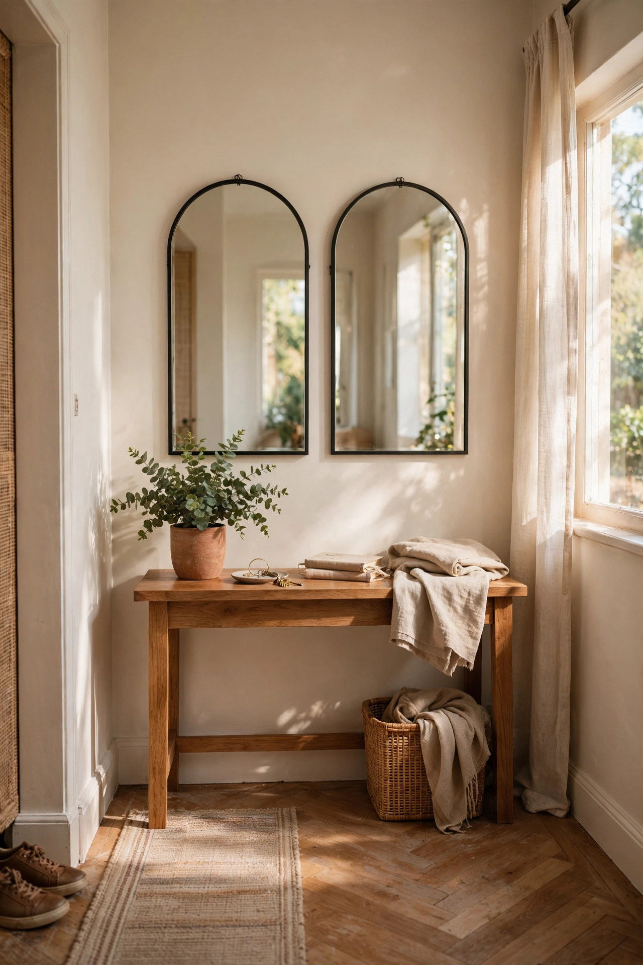 Pair of arched mirrors hung side by side in a bright hallway