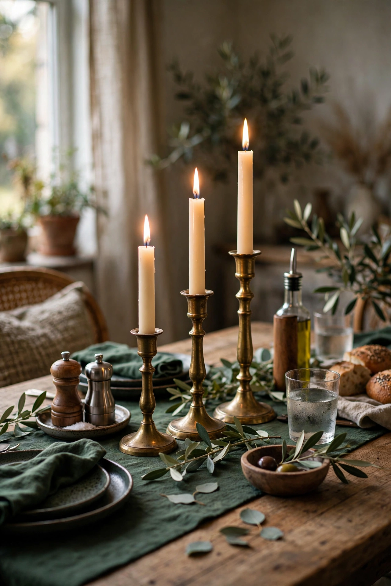 Trio of brass-look candlesticks with ivory tapers on a dining table