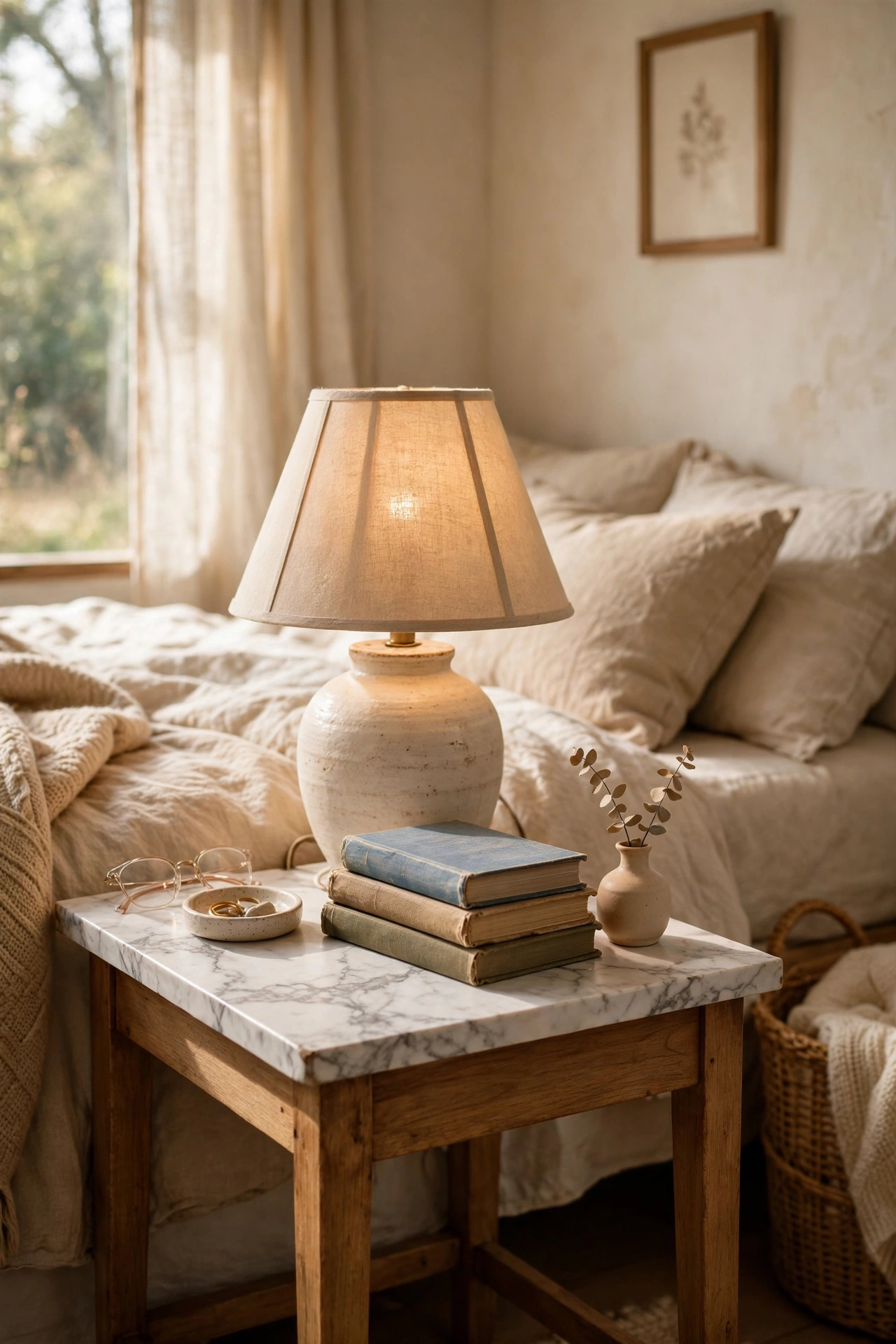 Bedside table top wrapped in marble-look contact paper with a lamp and books