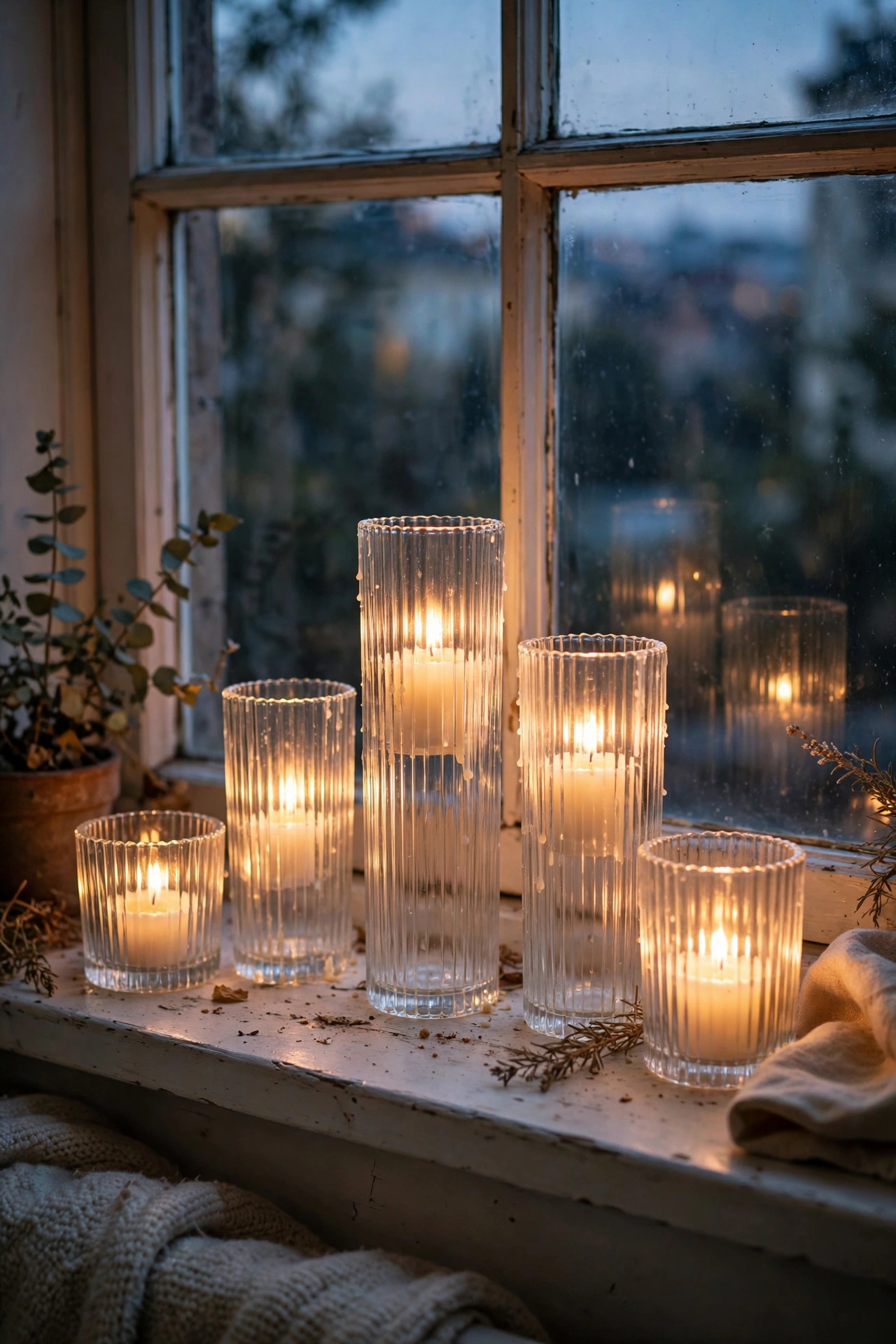 Cluster of fluted glass candle holders glowing on a windowsill
