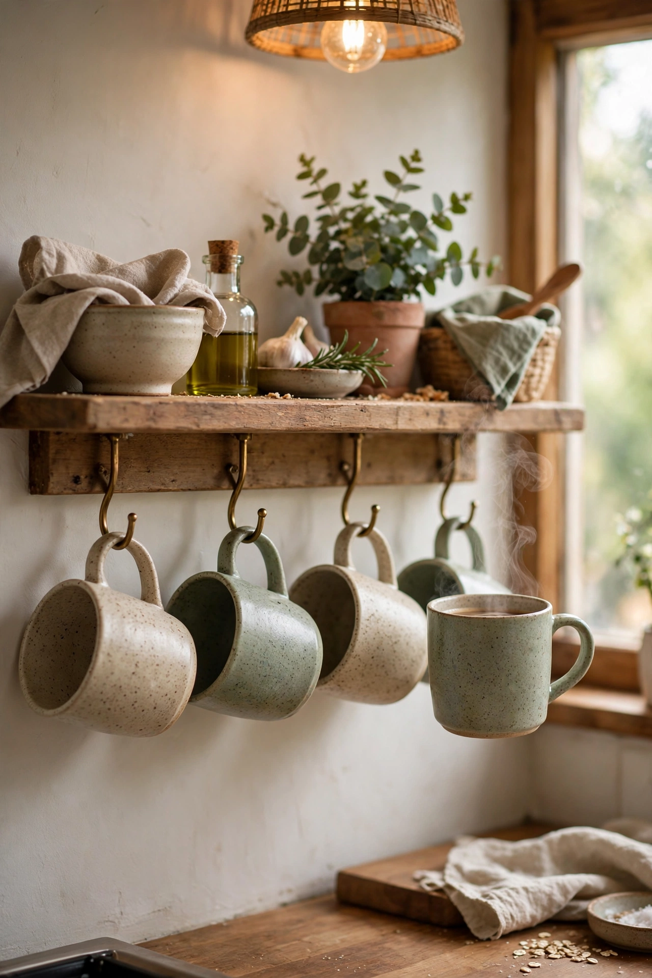 Set of speckled stoneware-look mugs in oatmeal and sage on a kitchen shelf