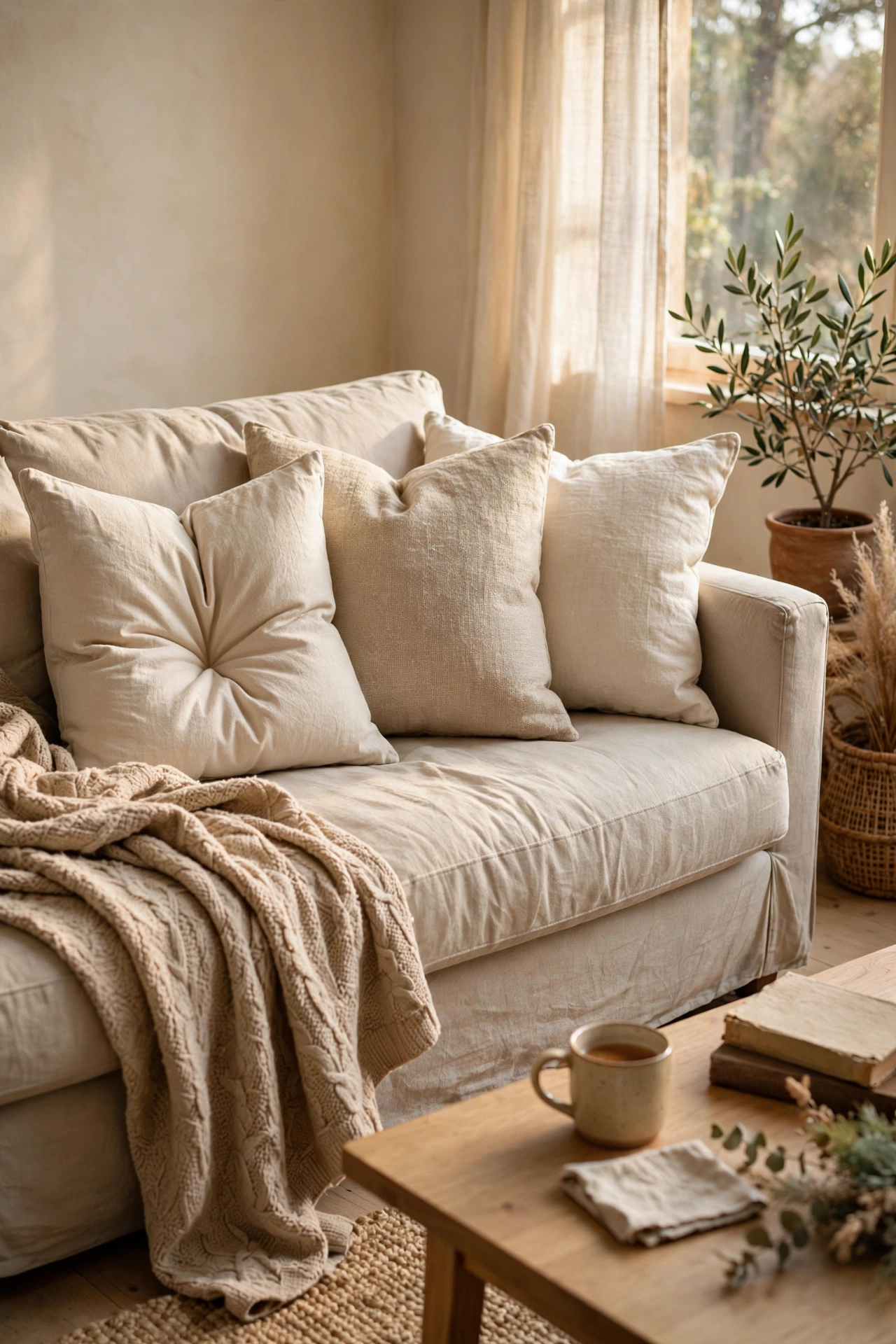 Sofa styled with textured linen-look cushion covers in neutral tones