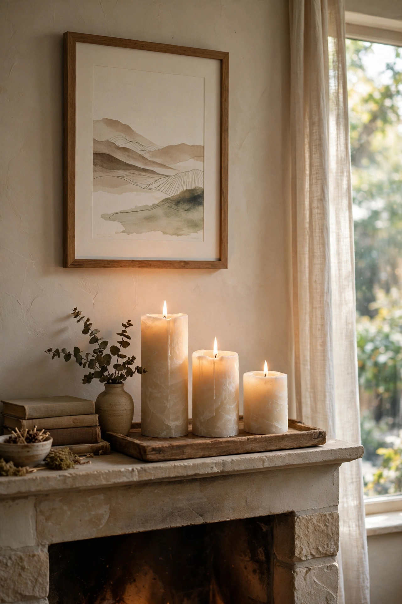 Grouped ivory alabaster-look pillar candles on a mantel