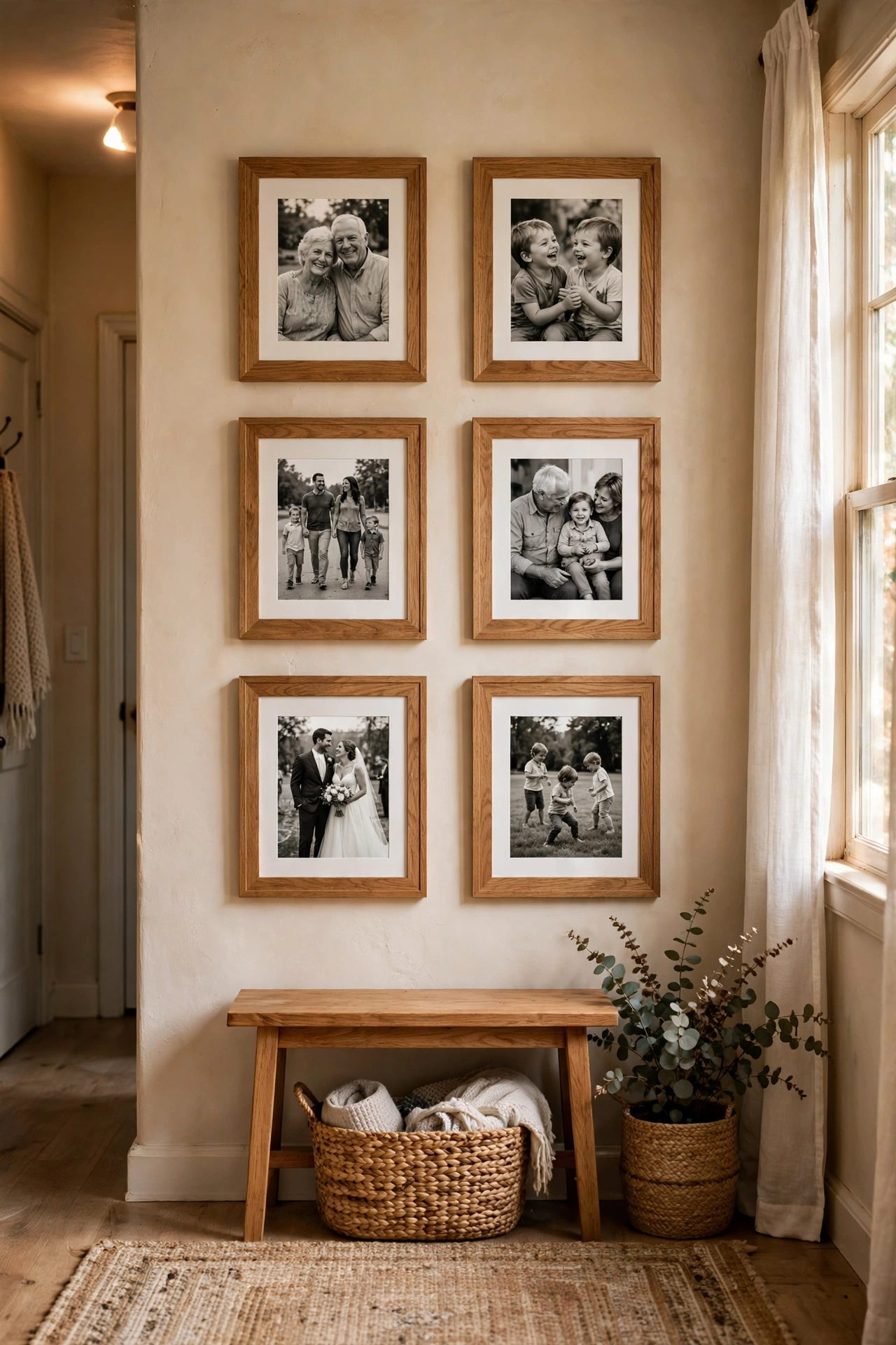 Grid of wood-look frames with black and white family photos in a hallway